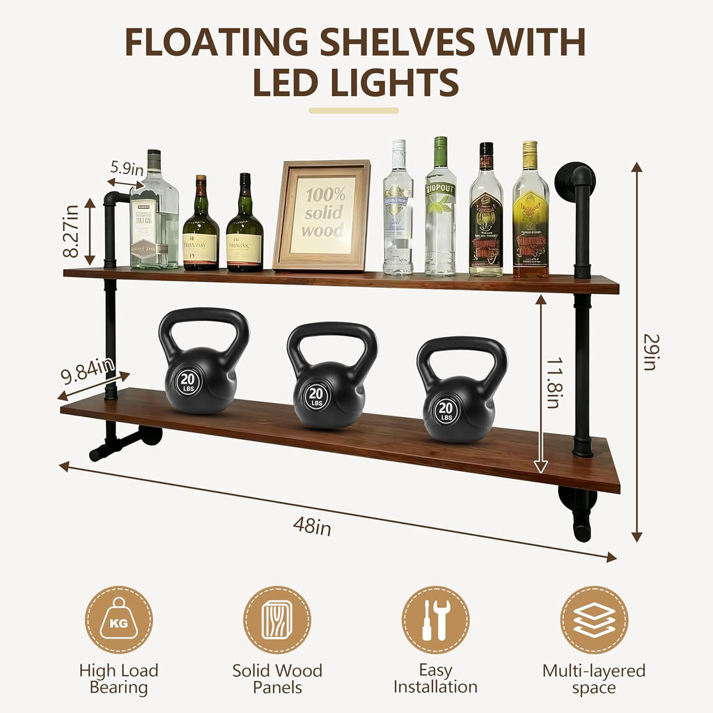 ROGMARS LED Gaming Floating Shelves for Wall,Industrial Pipe Shelving 48 inch Coffee Bar Shelves Wall Mounted,Display Book Shelf with Light for Gaming Room Living Room Bedroom Kitchen Garage