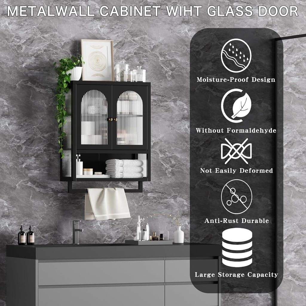 ALBAD Bathroom Cabinet Wall Mount,Metal Medicine Cabinet Wall Mounted with Glass Doors,Bathroom Wall Storage with Adjustable Shelves for Kitchen,Dining Room, Laundry