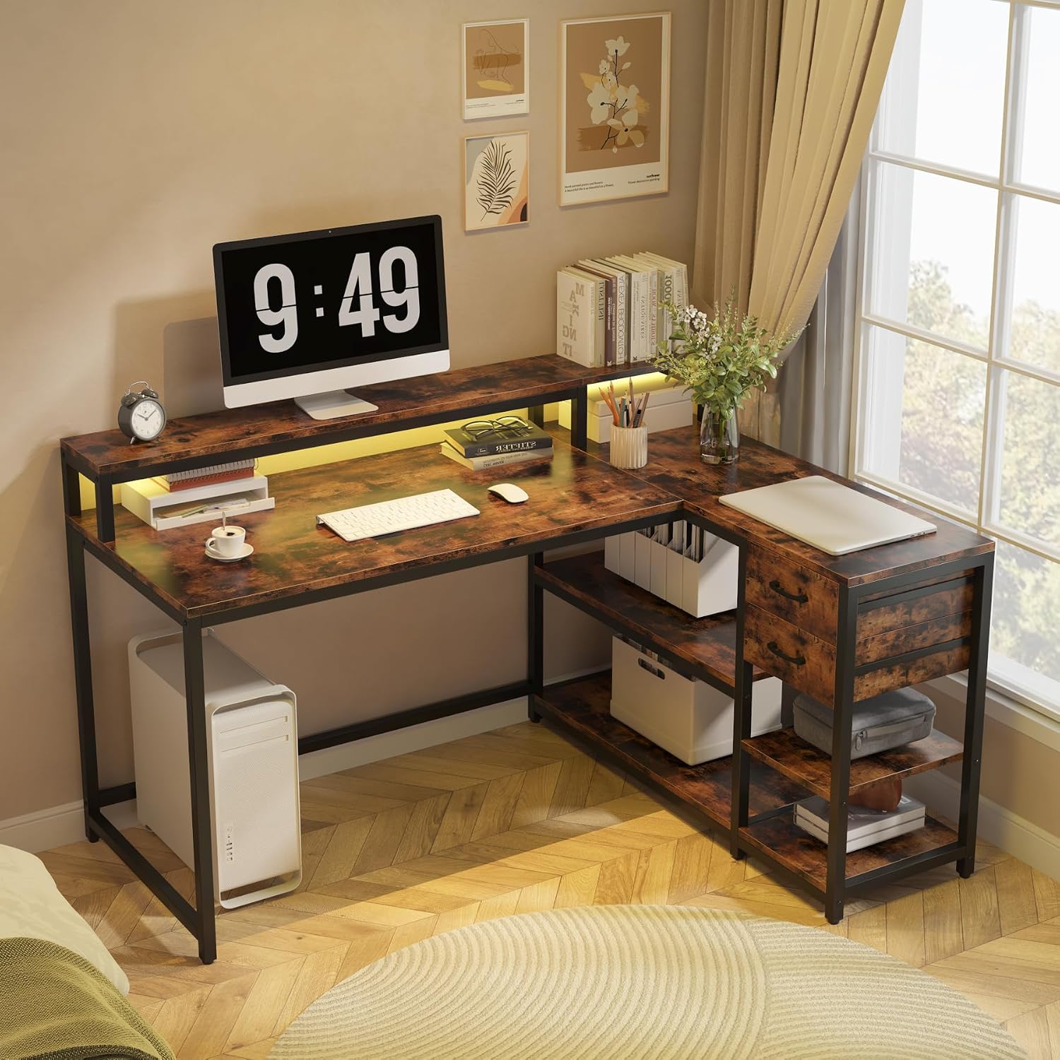 Tribesigns L Shaped Desk with Drawers and Storage Shelves, Home Office L Corner Desk with Monitor Stand, 55' x 24' Desktop Computer Table, Gaming Study Table for Small Space