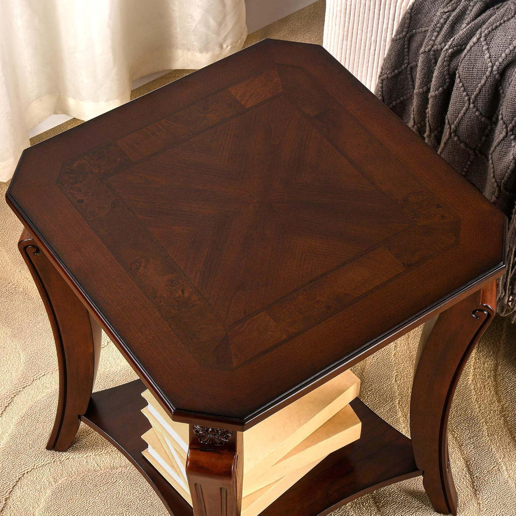 PADMA HOUSE Set of 2 Solid Wood Small End Table with Storage Shelf, Vintage Square Sofa Side Table with Splicing Tabletop and Curved Legs, 2-Tier Bedside Tables Nightstand in Cherry,19.7' Dx23.8 H