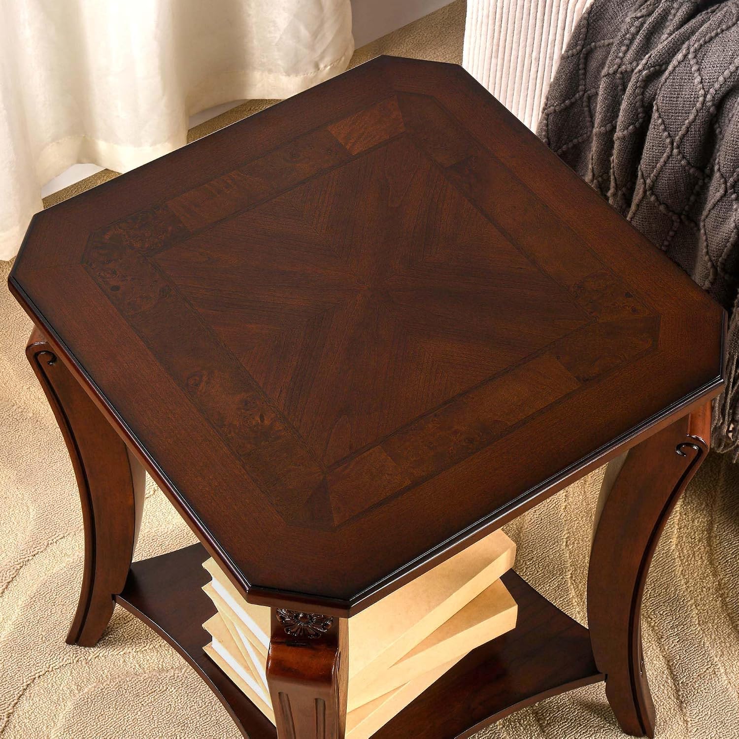 PADMA HOUSE Set of 2 Solid Wood Small End Table with Storage Shelf, Vintage Square Sofa Side Table with Splicing Tabletop and Curved Legs, 2-Tier Bedside Tables Nightstand in Cherry,19.7' Dx23.8 H