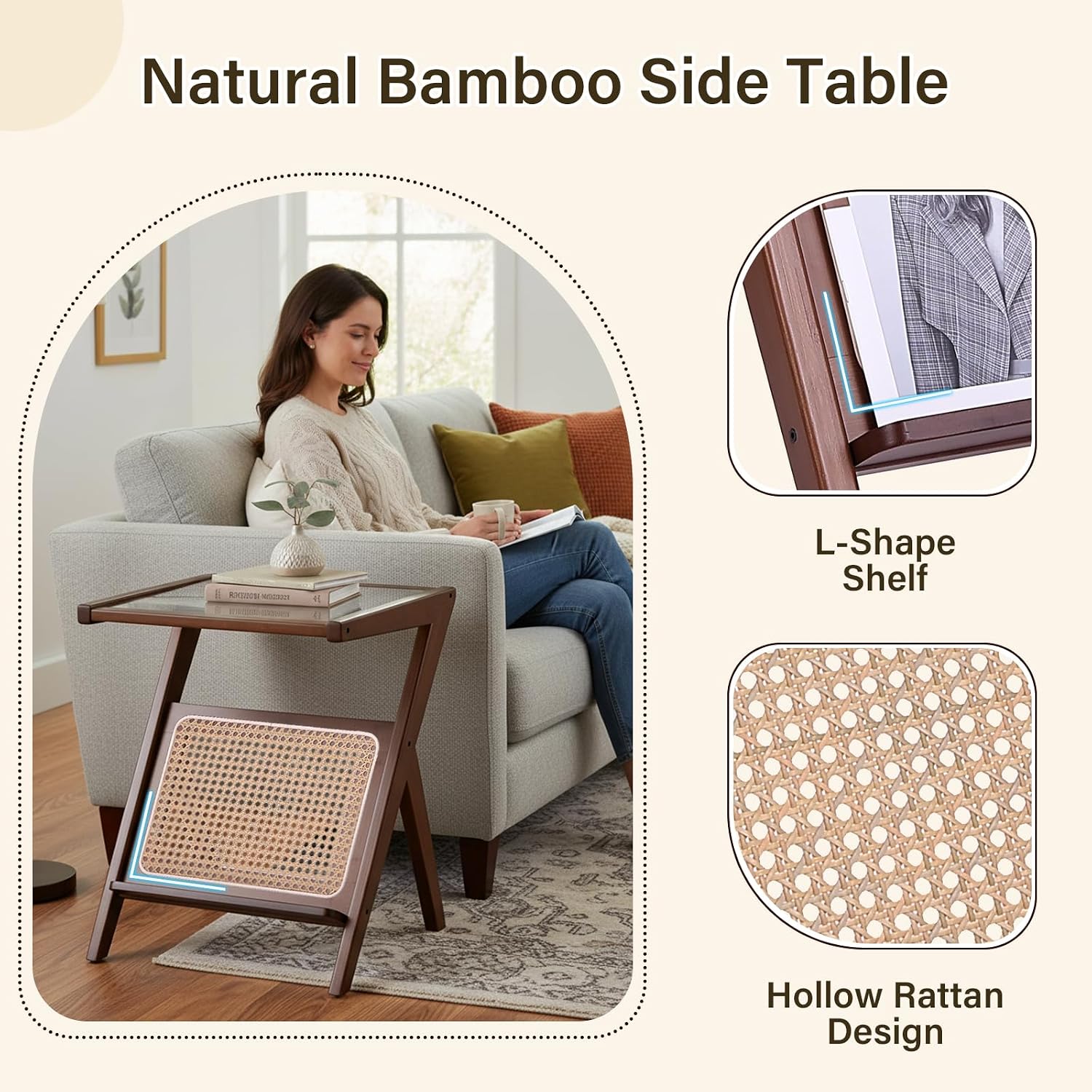 Tiita 2 Pack Rattan Side Table, Mid Century Nightstand, Bamboo Accent Bedside Tables, Glass Coffee Tables, Boho Wooden End Table with Storage for Small Space, Living Room and Bedroom