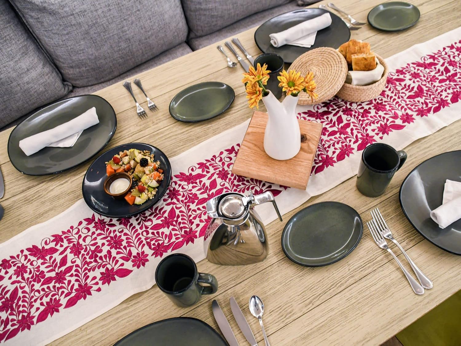 OR1GIN Handmade Table Runner, Premium Quality Silk Thread and Cotton, Mexican Design, Hand Embroidered by Artisans