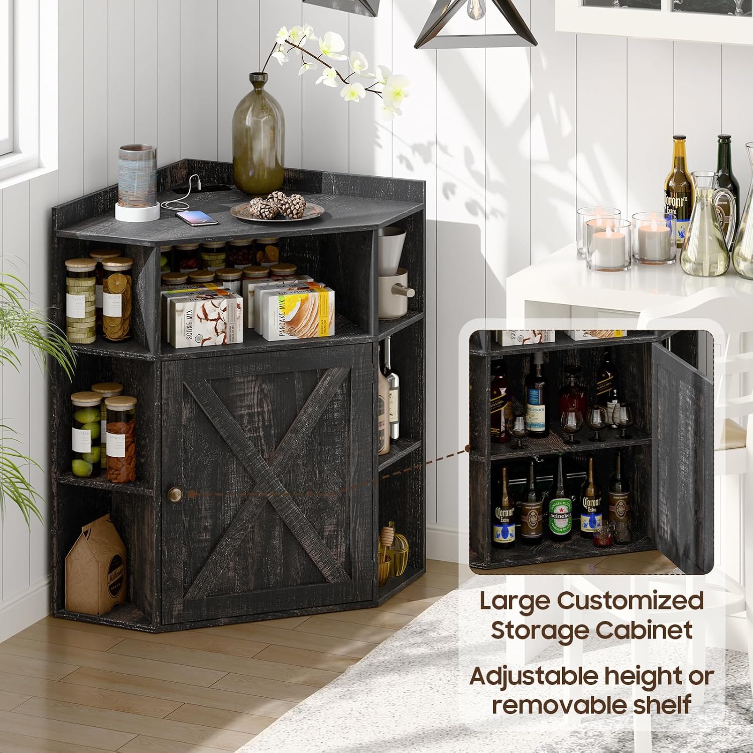 Halitaa Corner Storage Cabinet, Farmhouse Corner Bookshelf with Storage 6-Cubby Wooden Cabinet with USB Ports and Outlets Industrial Organizer for Small Space, Study, Playroom, Living Room