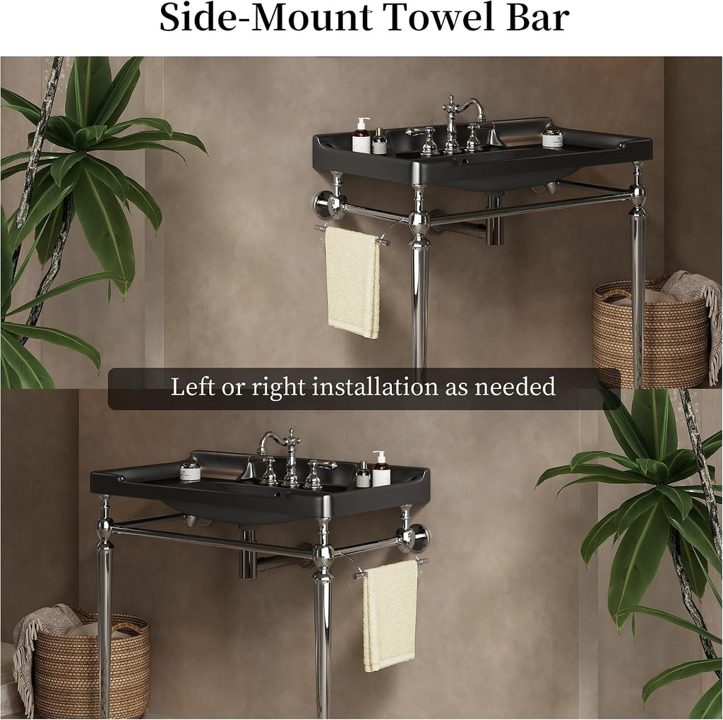 Yayzy 36' Bathroom Vanity with Black Ceramic Sink, Wall-Mounted Console Style, Silver-Finish Stainless Steel Legs & Towel Bar, 3 Faucet Holes, No Faucet