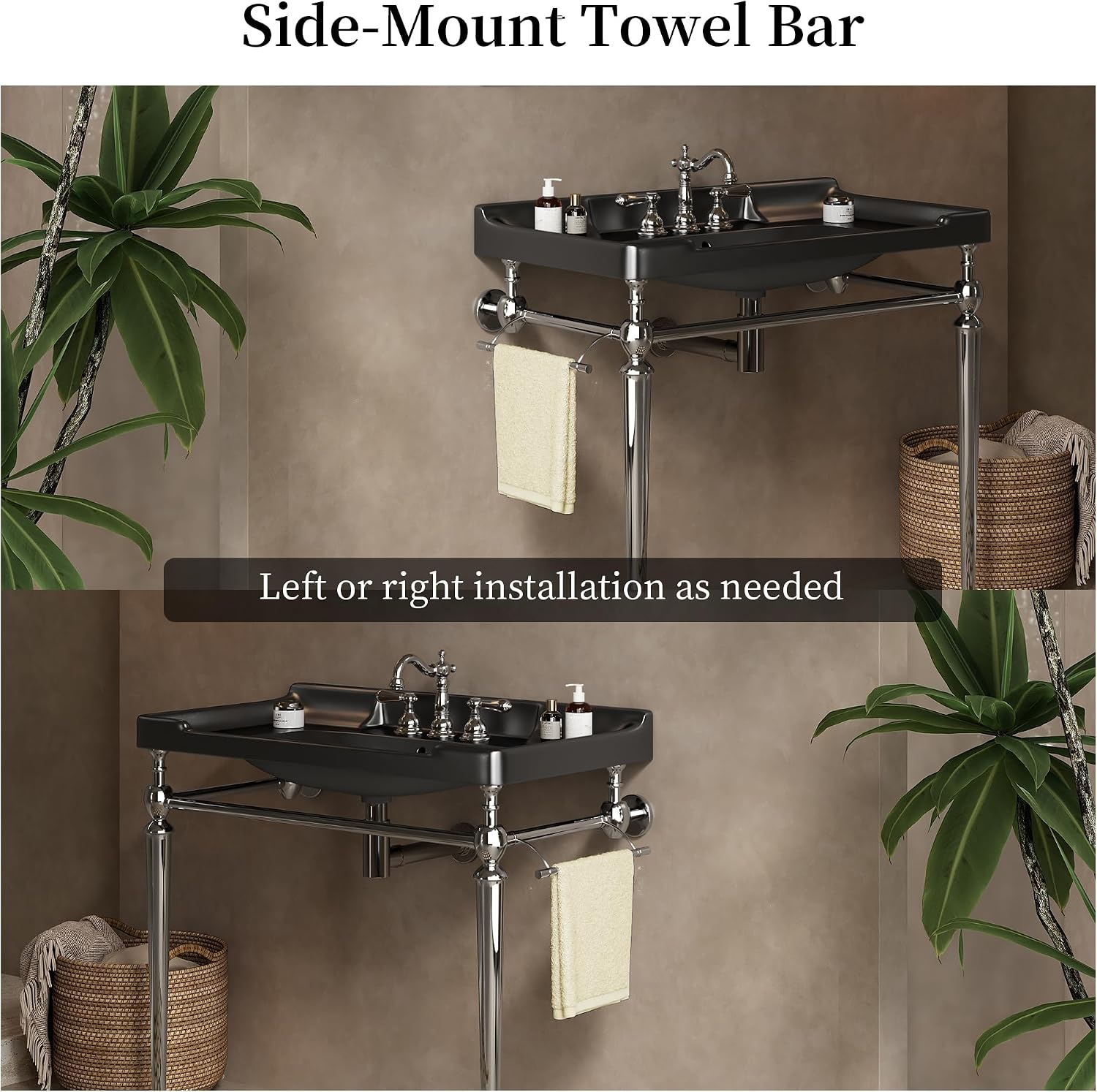 Yayzy 36' Bathroom Vanity with Black Ceramic Sink, Wall-Mounted Console Style, Silver-Finish Stainless Steel Legs & Towel Bar, 3 Faucet Holes, No Faucet
