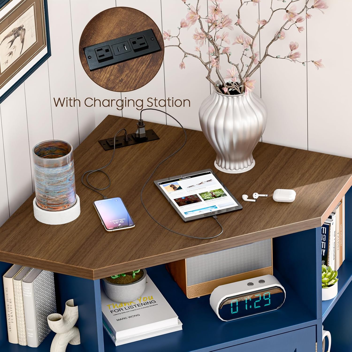 Halitaa Corner Storage Cabinet, Farmhouse Corner Bookshelf with Storage 6-Cubby Wooden Cabinet with USB Ports and Outlets Industrial Organizer for Small Space, Study, Playroom, Blue and Brown