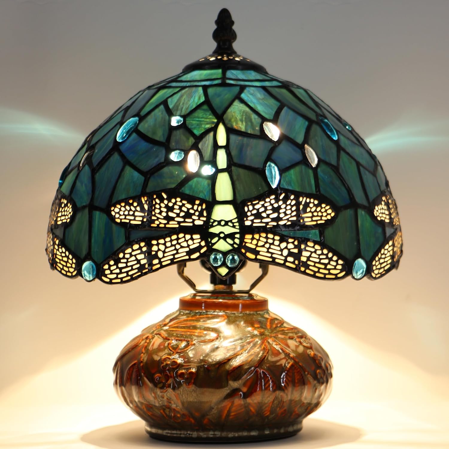 Small Tiffany Table Lamp, 10X10X11 Inch Mini Stained Glass Mushroom Desk Light Memory Sympathy Ceramic lamp (Sea Blue Dragonfly Style)