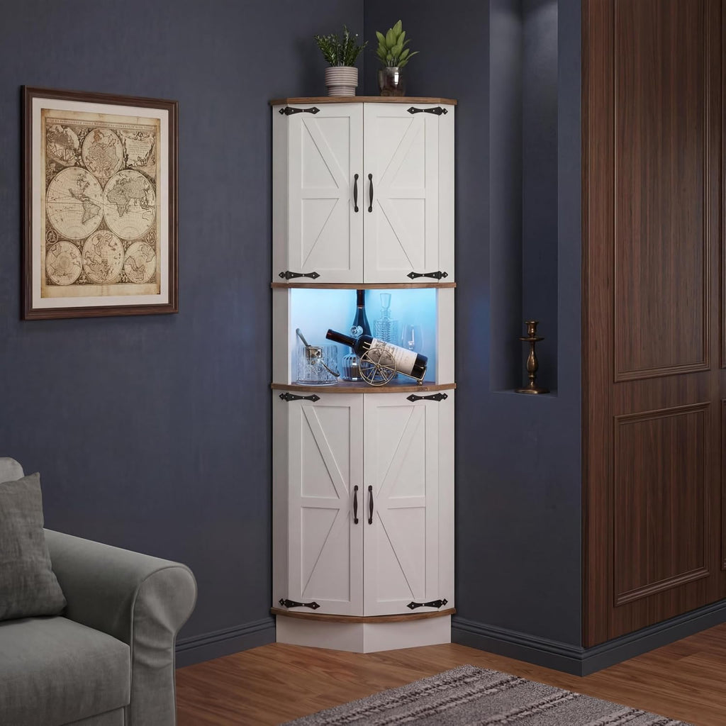 GarveeLife 64.6' Farmhouse Corner Bar Cabinet with LED Lights, Tall Freestanding Storage Liquor Cabinet with 4 Barn Doors, 5-Tier Shelves, USB Ports & Outlets, Corner Cabinet for Living Room, Kitchen