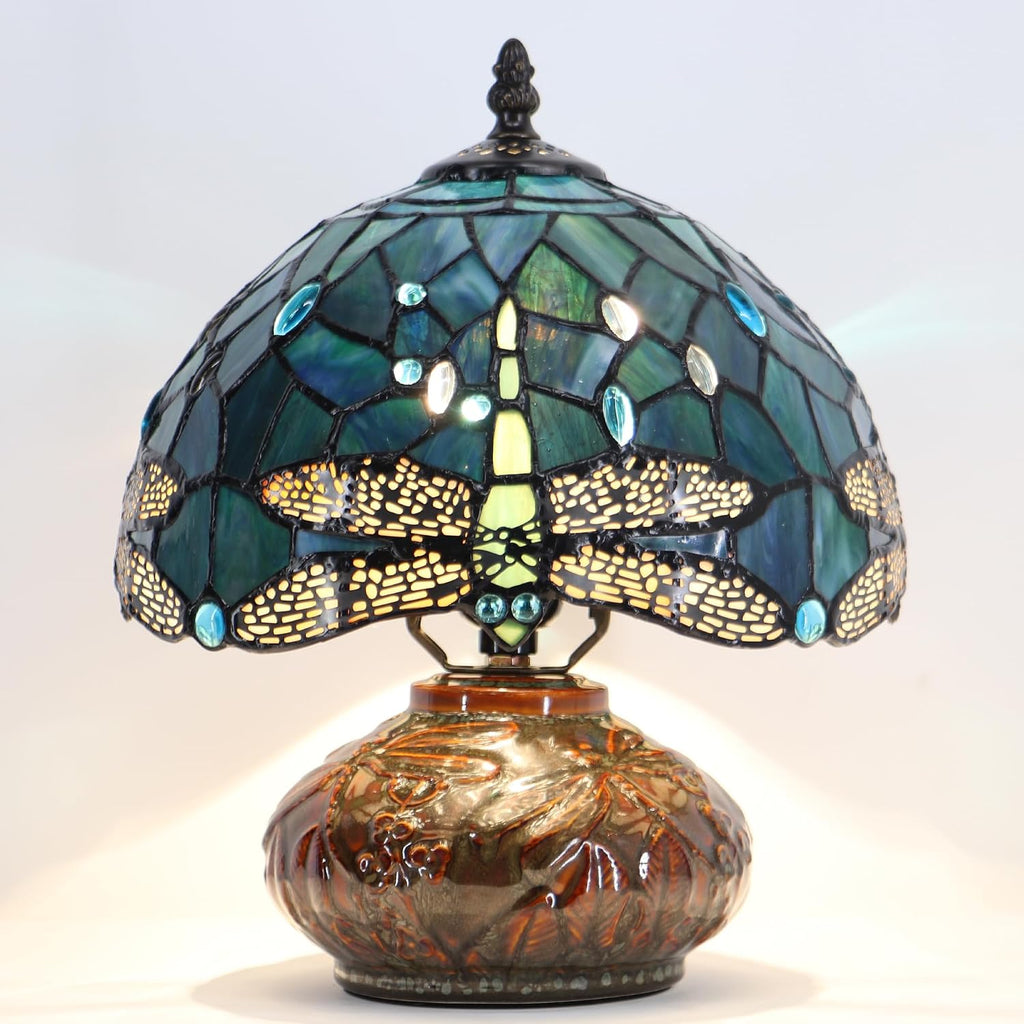Small Tiffany Table Lamp, 10X10X11 Inch Mini Stained Glass Mushroom Desk Light Memory Sympathy Ceramic lamp (Sea Blue Dragonfly Style)