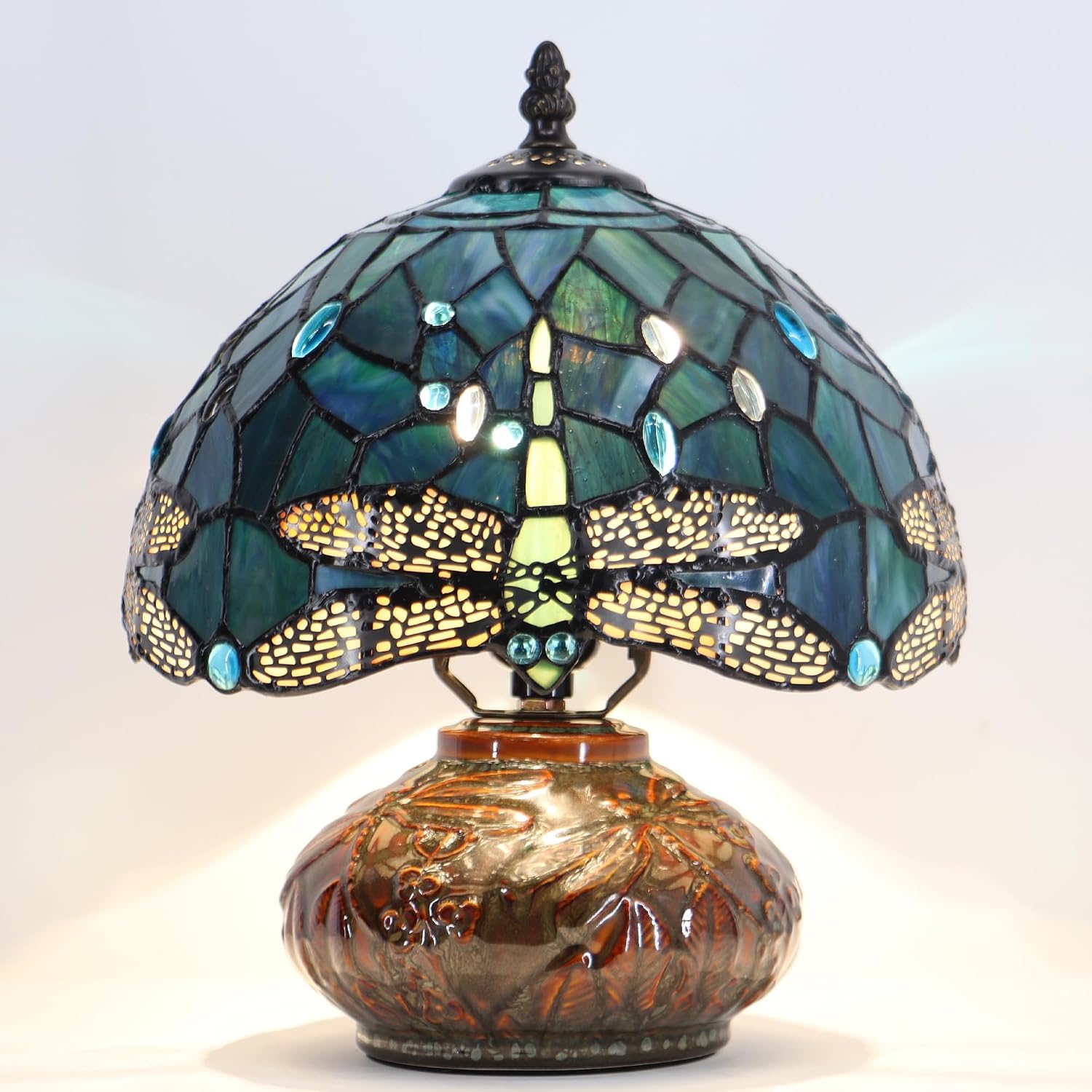 Small Tiffany Table Lamp, 10X10X11 Inch Mini Stained Glass Mushroom Desk Light Memory Sympathy Ceramic lamp (Sea Blue Dragonfly Style)