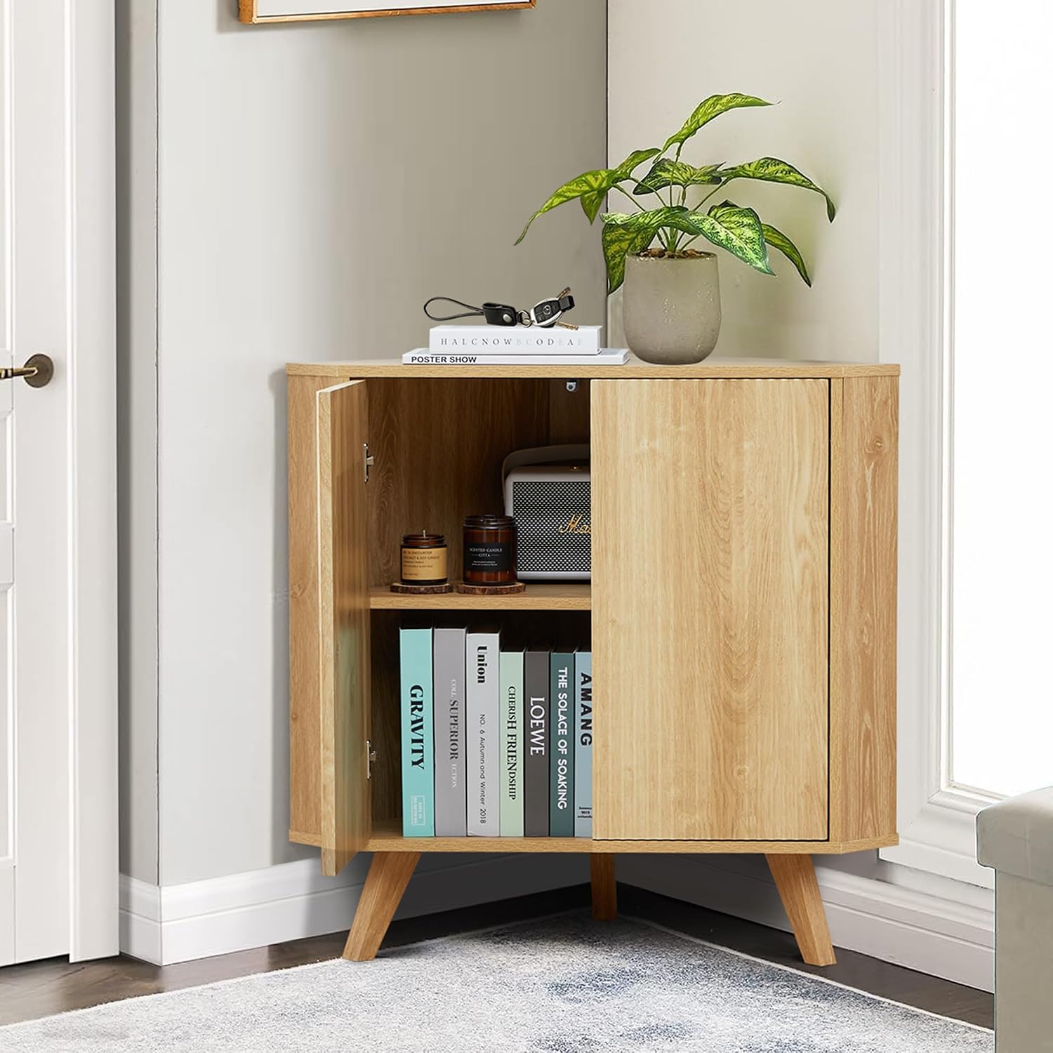 XUZENEST Fluted Floor Corner Cabinet, Small Corner Floor Cabinet with Adjustable Shelve, Freestanding Narrow Cabinets Organizer for Living Room Kitchen Bathroom, Natural