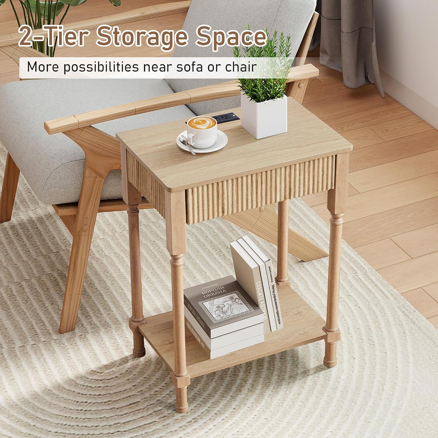 23.6' Large End Table with Charging Station, Set of 2, Modern Farmhouse Side Table with Drawer&Open Shelf, Fluted Wood Bedside Table Sofa Tables Night Stand for Bedroom Living Room Home Office,Natural