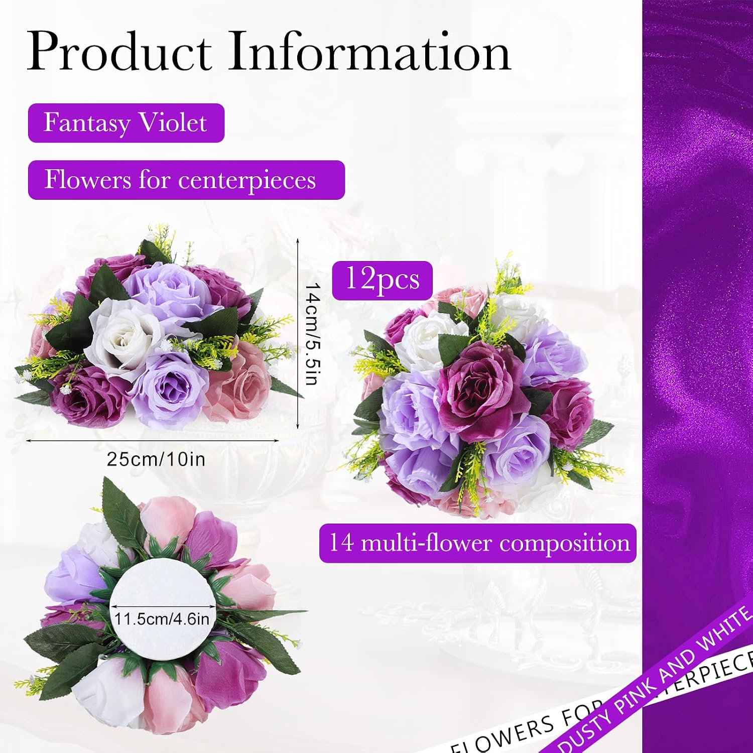 Hotop 24 Pcs Artificial Rose Flower Balls for Centerpieces, Silk Roses Kissing Balls Romantic Faux Floral Arrangements for Engagement Wedding Home Decor (Fantasy Violet)