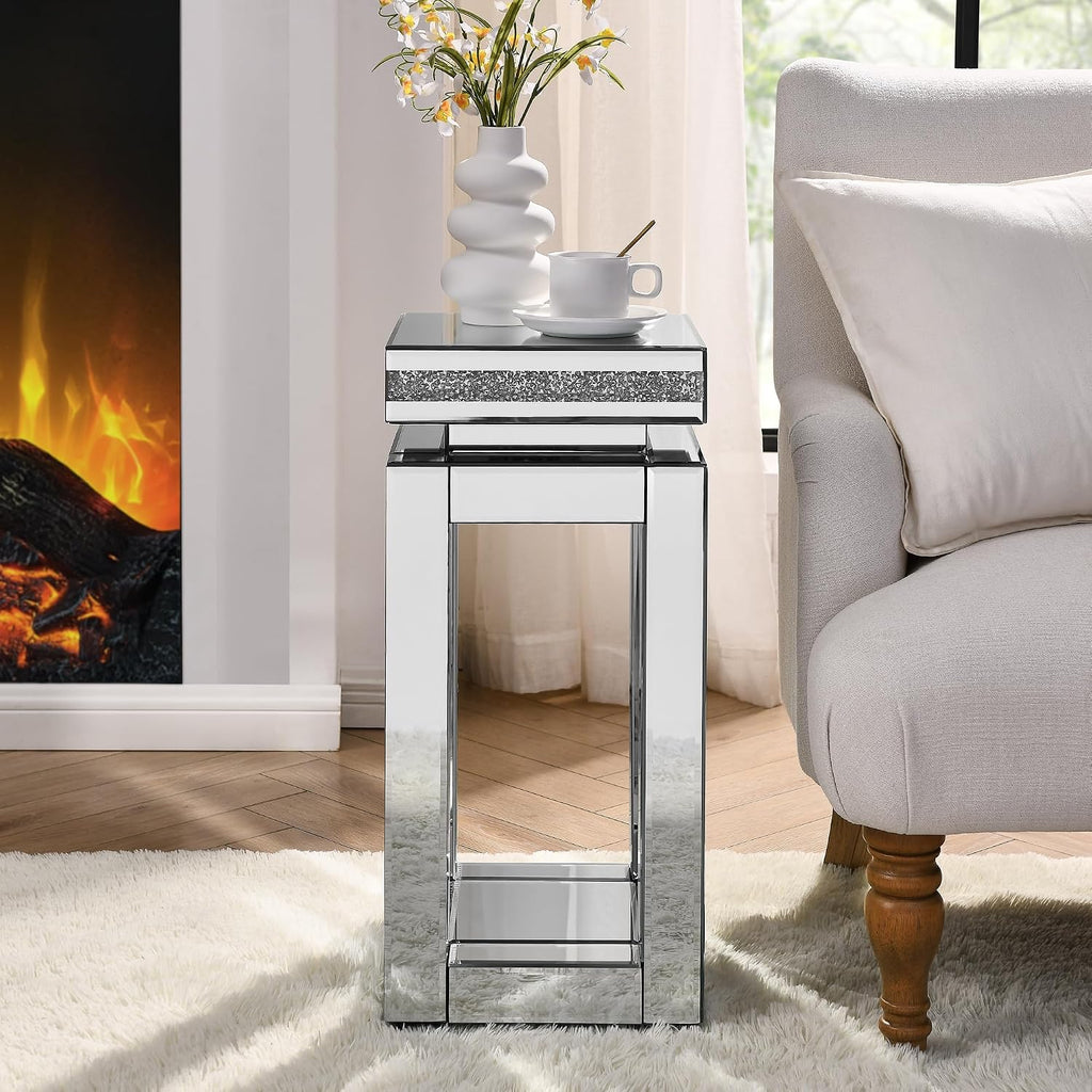 Mirrored End Table Square with Crystals, 2-Tier Modern Small Sofa Table with Storage, Silver Accent Table for Living Room, Bedroom, Coffee, and Small Spaces