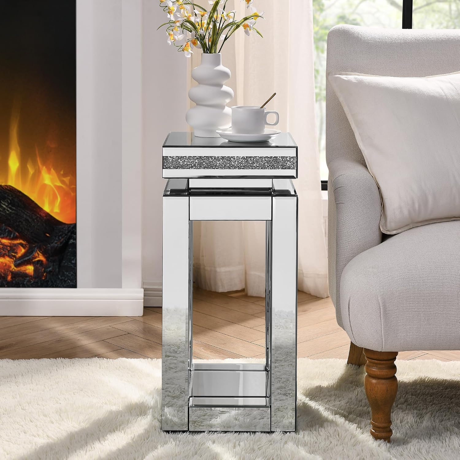 Mirrored End Table Square with Crystals, 2-Tier Modern Small Sofa Table with Storage, Silver Accent Table for Living Room, Bedroom, Coffee, and Small Spaces