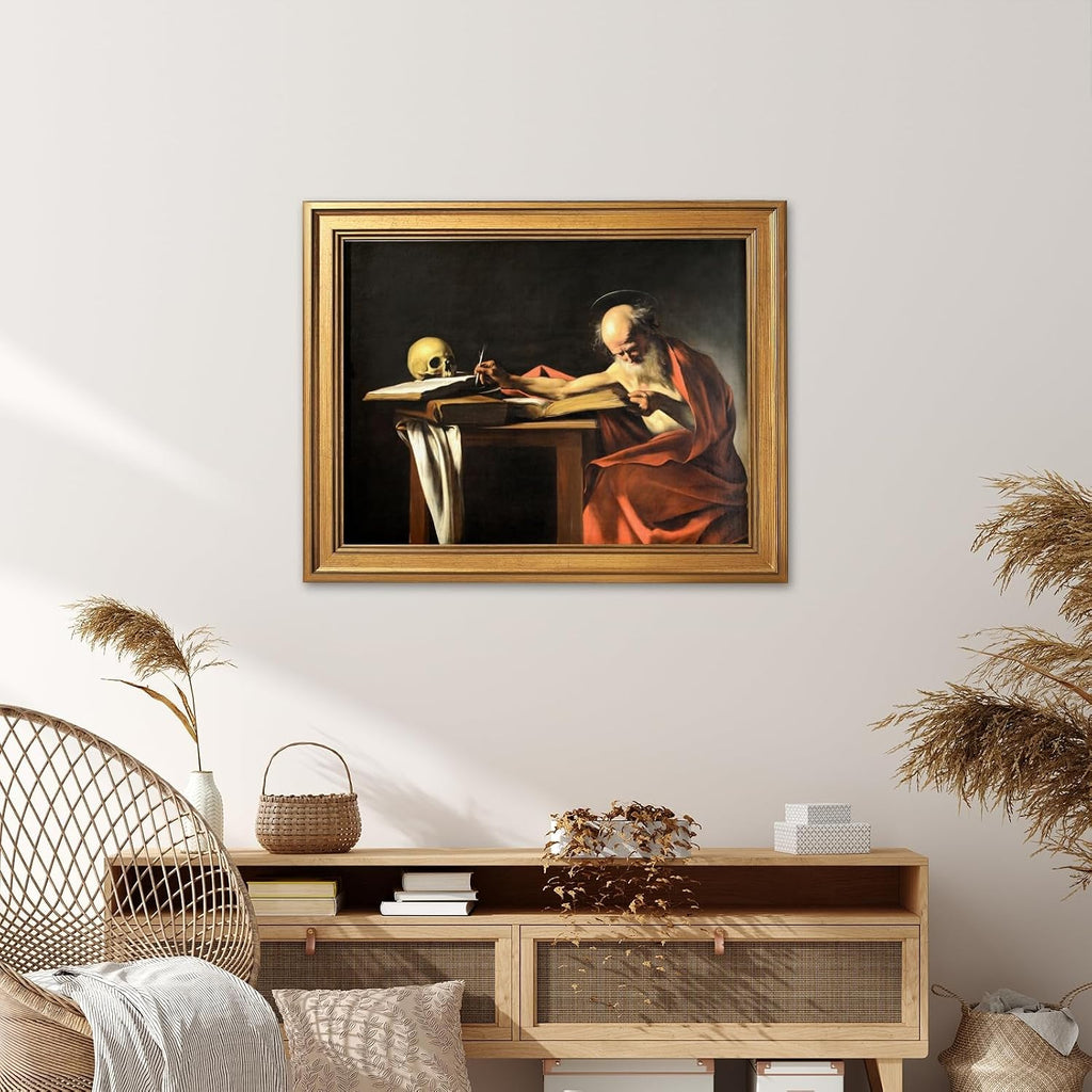 Saint Jerome Writing (1610) Caravaggio (Italian 1571 1610) Classical Religious Wall Art Poster Traditional Christian Posters Renaissance Inspired Decor Canvas Print Living Room 24X36inchGolden frame