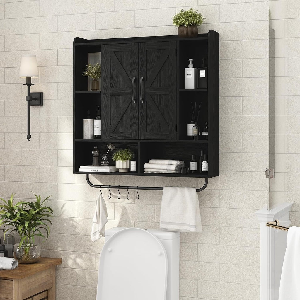 RUSTOWN Rustic Wood Wall Bathroom Cabinet, Farmhouse Medicine Cabinet Wall Mounted, Space Saving Wall Storage Cabinet with 2 Barn Door, 3-Tier Adjustable Shelves and Towel Bar (Black)