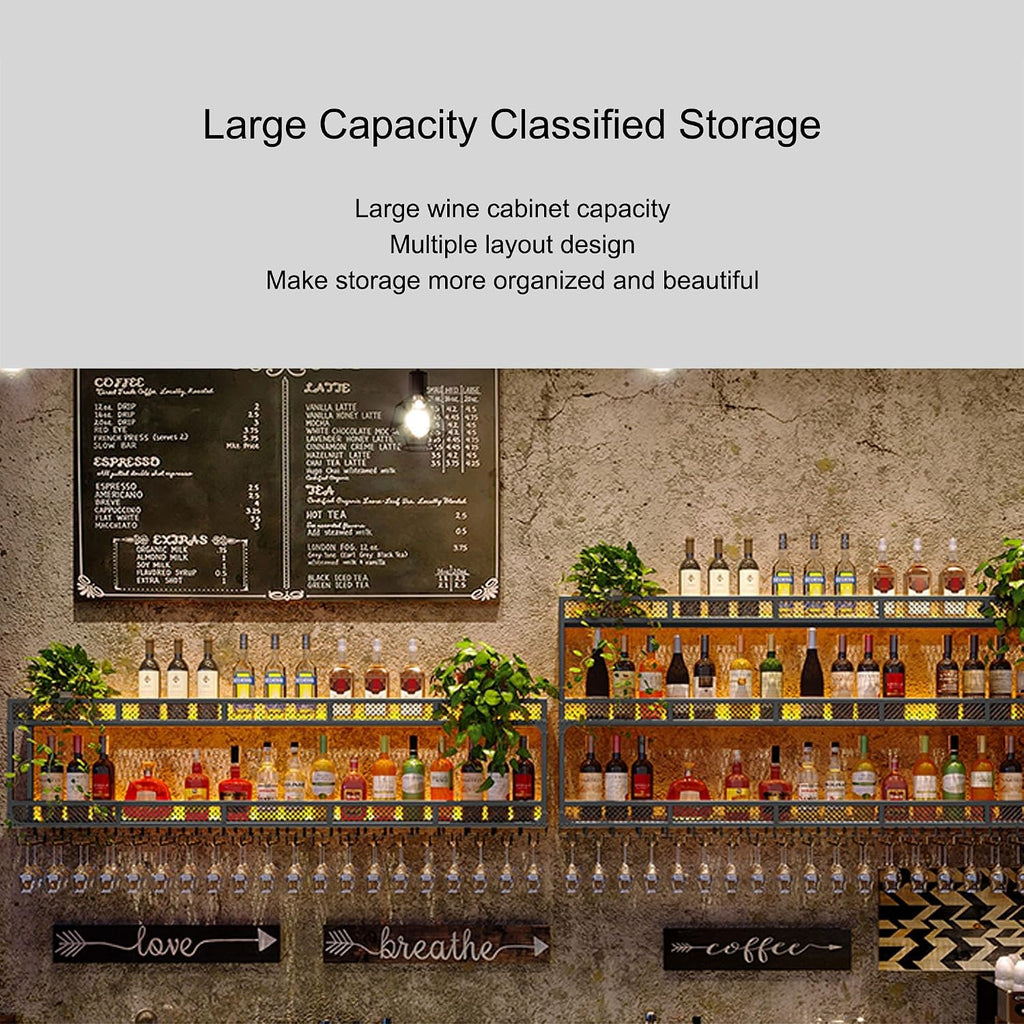 Metal Bar Shelves Wine Rack Wall Mounted with Hanging Wine Glass Holder Rack and LED Light for Liquor Bottle Display Shelf Racks Countertop Floating Bar Mini Bar Cabinet for Home Bar Cafe Kitchen ( Co