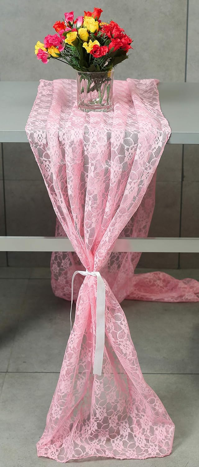 MDS Pack of 15 Wedding 27 x 120 inches Long Sheer lace Table Runner for Wedding Banquets Decorations Birthday Parties, Engagements, Rustic Boho for 10Ft Table Runners - Blush Pink