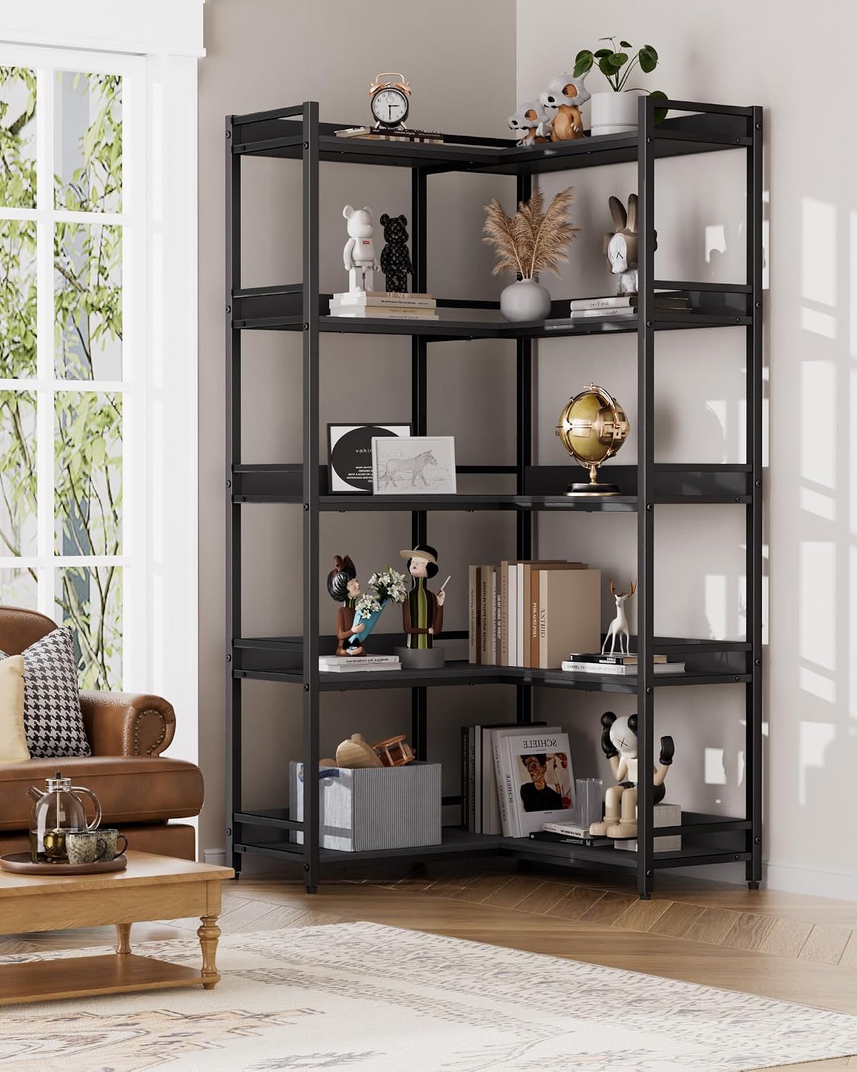Large 5-Tier Corner Bookshelf - Modern Tall Corner Shelf Storage Display Rack with Sturdy Metal Frame - Perfect for Living Room, Home Office, Books and Decor Display