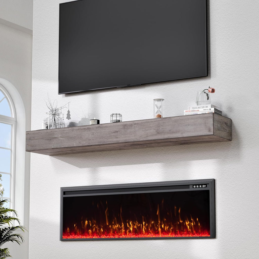 60 Inch Fireplace Mantel Shelf - 8' Deep Solid Wood Floating Mantel for Over Fireplace - 90LBS with Invisible Bracket - Handcrafted TV Decor for Livingroom & Bedroom - Charred Rustic Gray