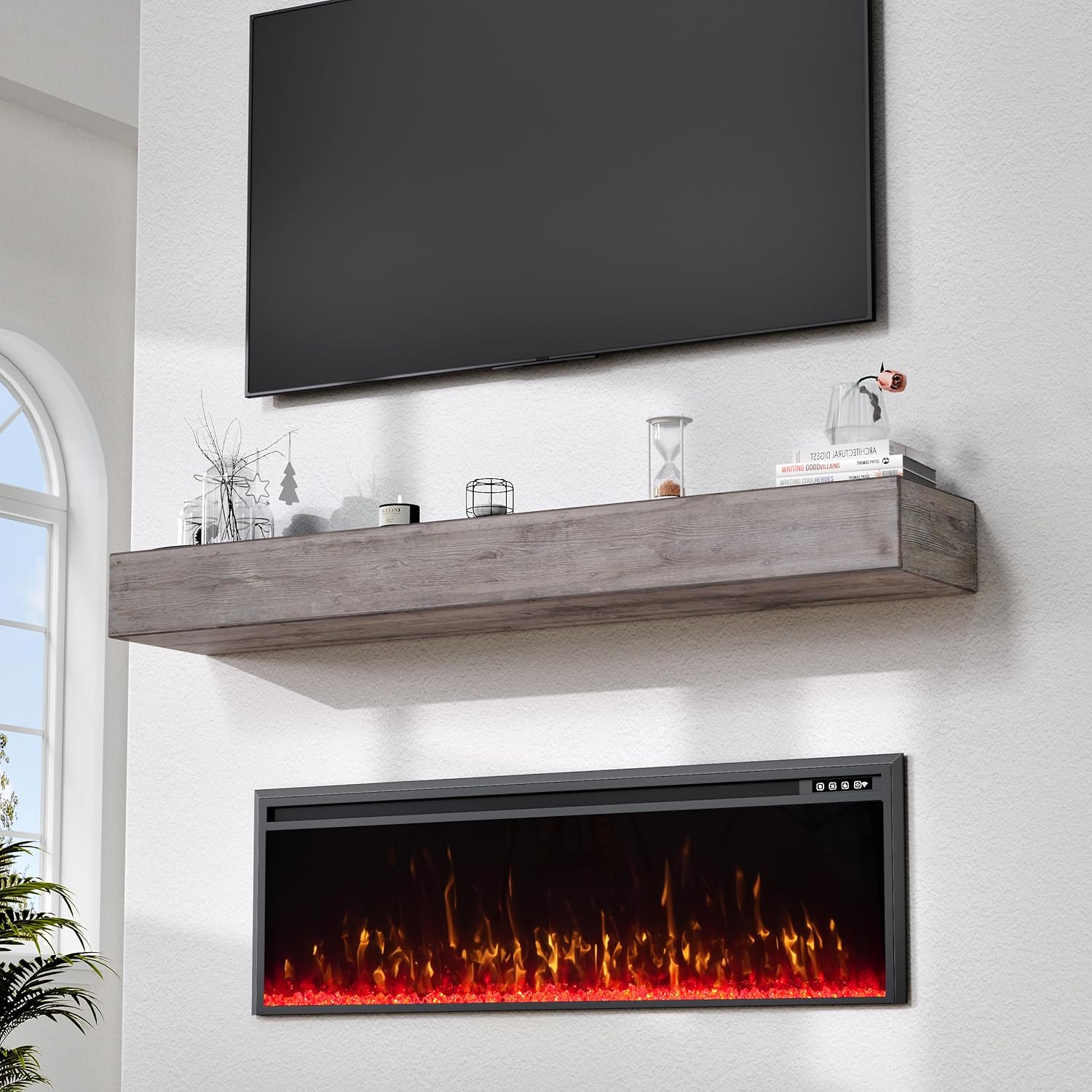 60 Inch Fireplace Mantel Shelf - 8' Deep Solid Wood Floating Mantel for Over Fireplace - 90LBS with Invisible Bracket - Handcrafted TV Decor for Livingroom & Bedroom - Charred Rustic Gray