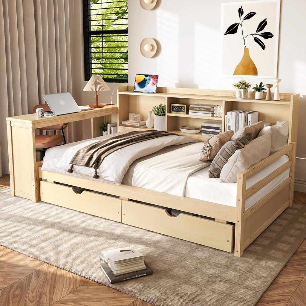 Bellemave Twin Corner Bed Frame with Desk and Storage Shelves,Charging Port, Wood Twin Size Daybed with Bookcase and Drawers, Natural Color