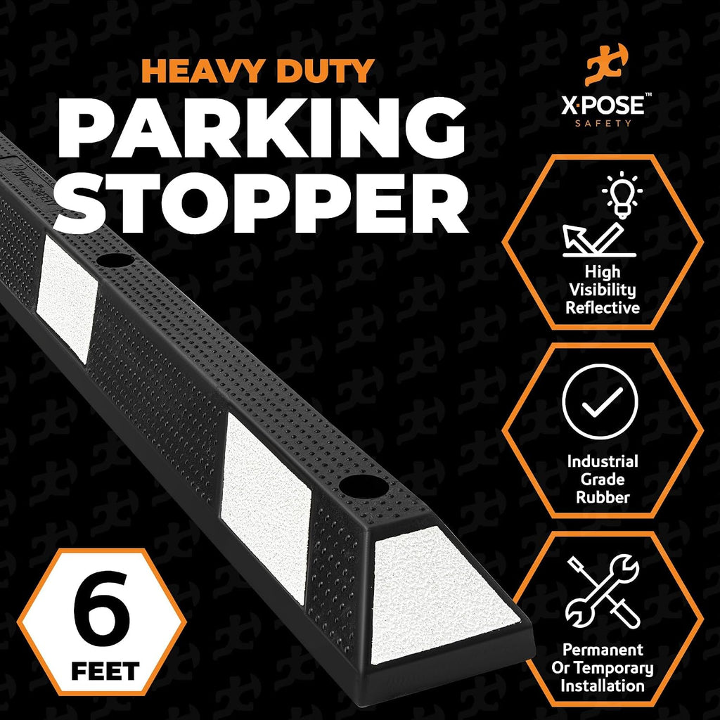 Xpose Safety 72' Heavy Duty Rubber Parking Stopper – Bulk 2 Full Pallets 100 Pack Wheel Blocks for Garage, Driveway, or Ramp – Car Bumper Stop with White Reflective Strips – Removable Floor Mount
