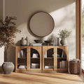 BELLEZE Set of 2 Modern Sideboard Buffet Cabinets (63' Wide) - Large Kitchen Credenza with 4 Arched Glass Doors - Seamless Storage Console Table for Dining Room, Living Room & TV Stand - Camel