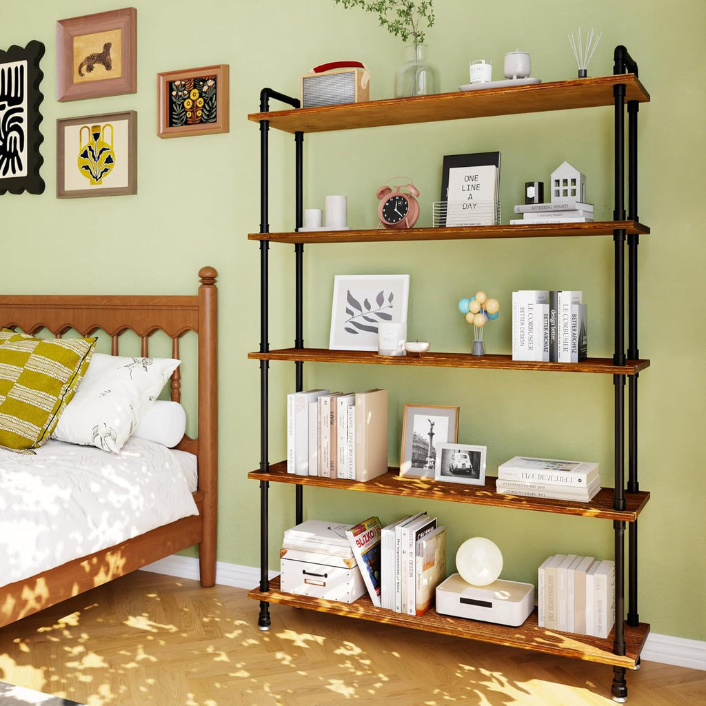 Industrial Bookshelf, Rustic Open Bookcase, 5 Tier Wood and Metal Bookshelf, Solid Pine Wood and Iron Pipe Tall Narrow Storage Shelf for Living Room Bedroom Office Kitchen