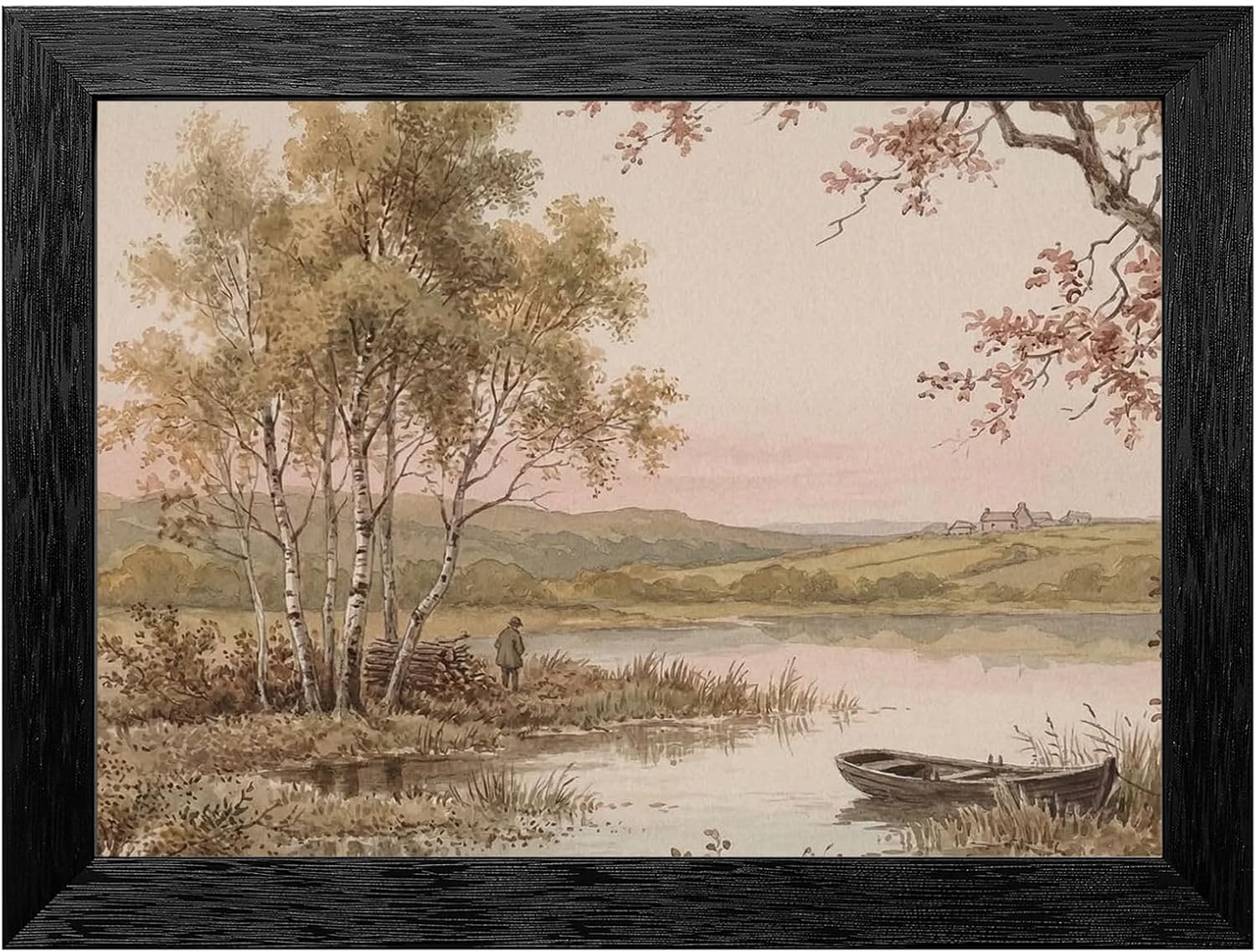 Framed Birch Tree Landscape Wall Art - 19th-Century Pastoral Watercolor Style - Black Frame Modern Home Decor - Serene Nature Print for Living Room and Office - Ready to Hang - 24x36 Inch