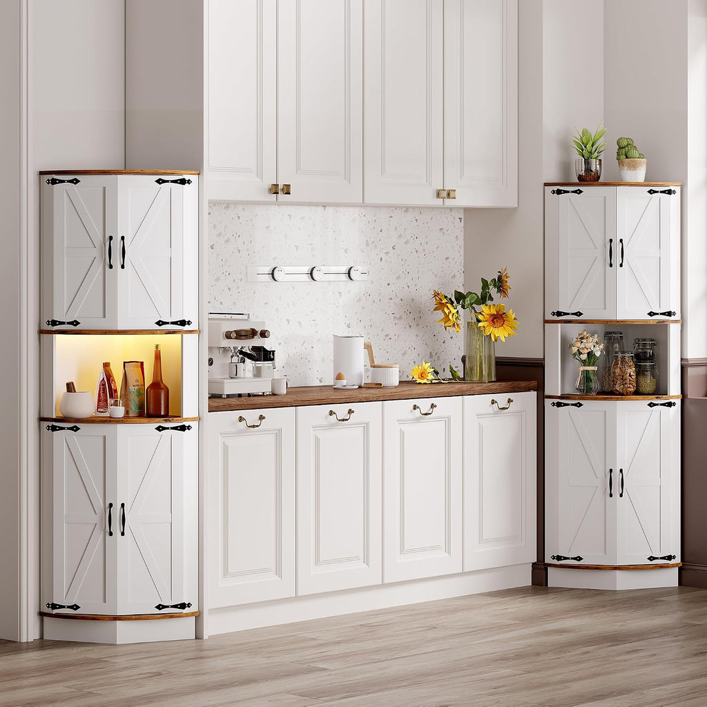 GarveeLife 64.6' Farmhouse Corner Bar Cabinet with LED Lights, Tall Freestanding Storage Liquor Cabinet with 4 Barn Doors, 5-Tier Shelves, USB Ports & Outlets, Corner Cabinet for Living Room, Kitchen