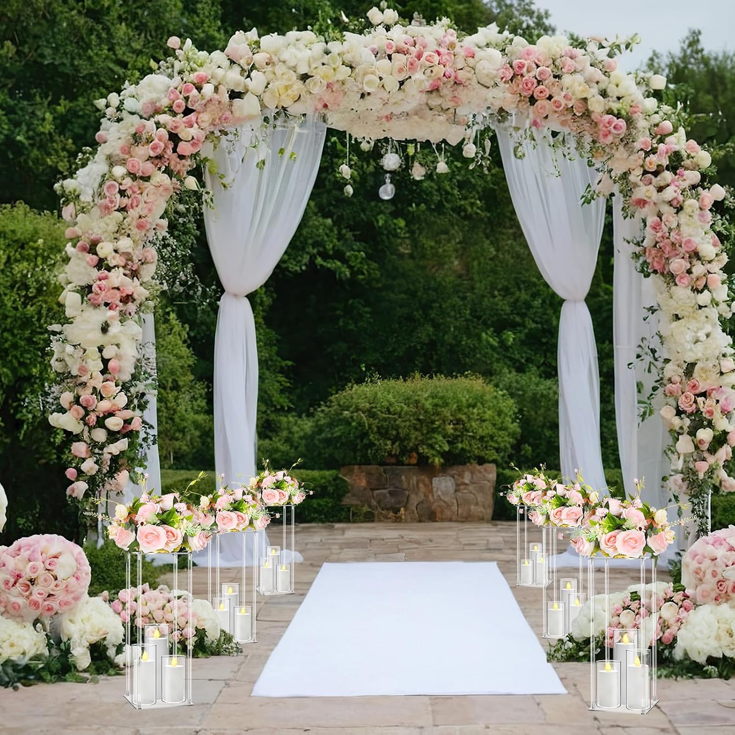Sieral 6 Sets 20''Tall Clear Acrylic Flower Vase Wedding Centerpieces Flowers Stand with Glass Candle Holders Cylinder Vases, Transparent Flower Vases for Table Centerpiece Wedding Home (Mix)