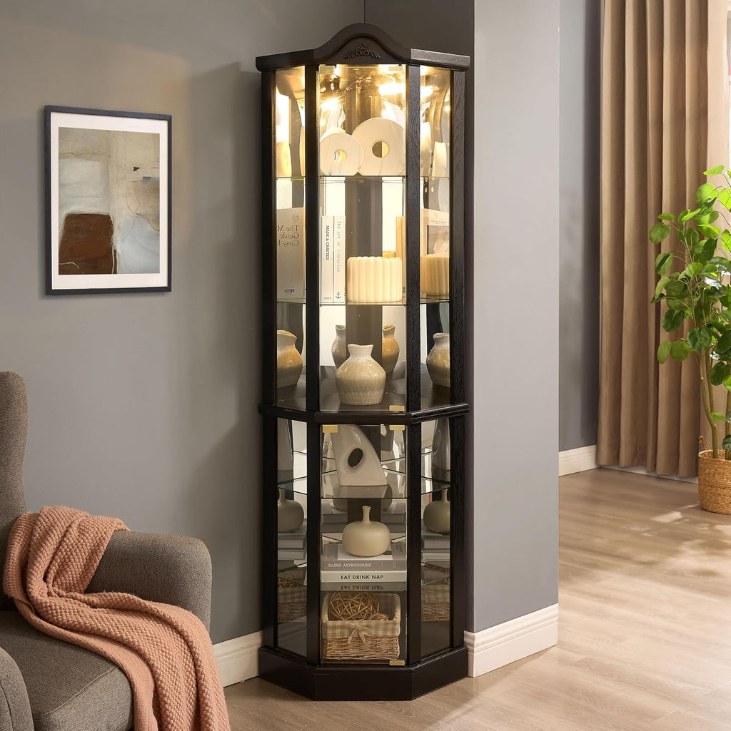 KEIKI 72' Corner Glass Display Cabinet with Adjustable Shelves, for Collectibles, Storage Curio Cabinet with Arched Floral Carving Decoration, 6-Tier Showcase Display Case, for Living Room, Black