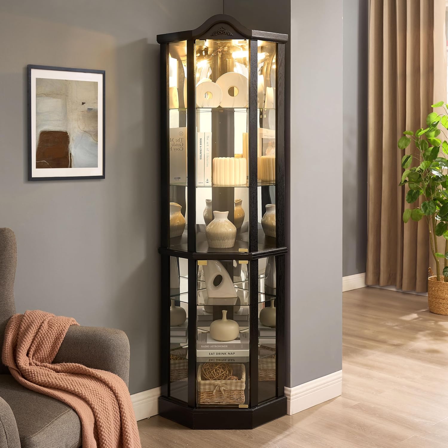 KEIKI 72' Corner Glass Display Cabinet with Adjustable Shelves, for Collectibles, Storage Curio Cabinet with Arched Floral Carving Decoration, 6-Tier Showcase Display Case, for Living Room, Black