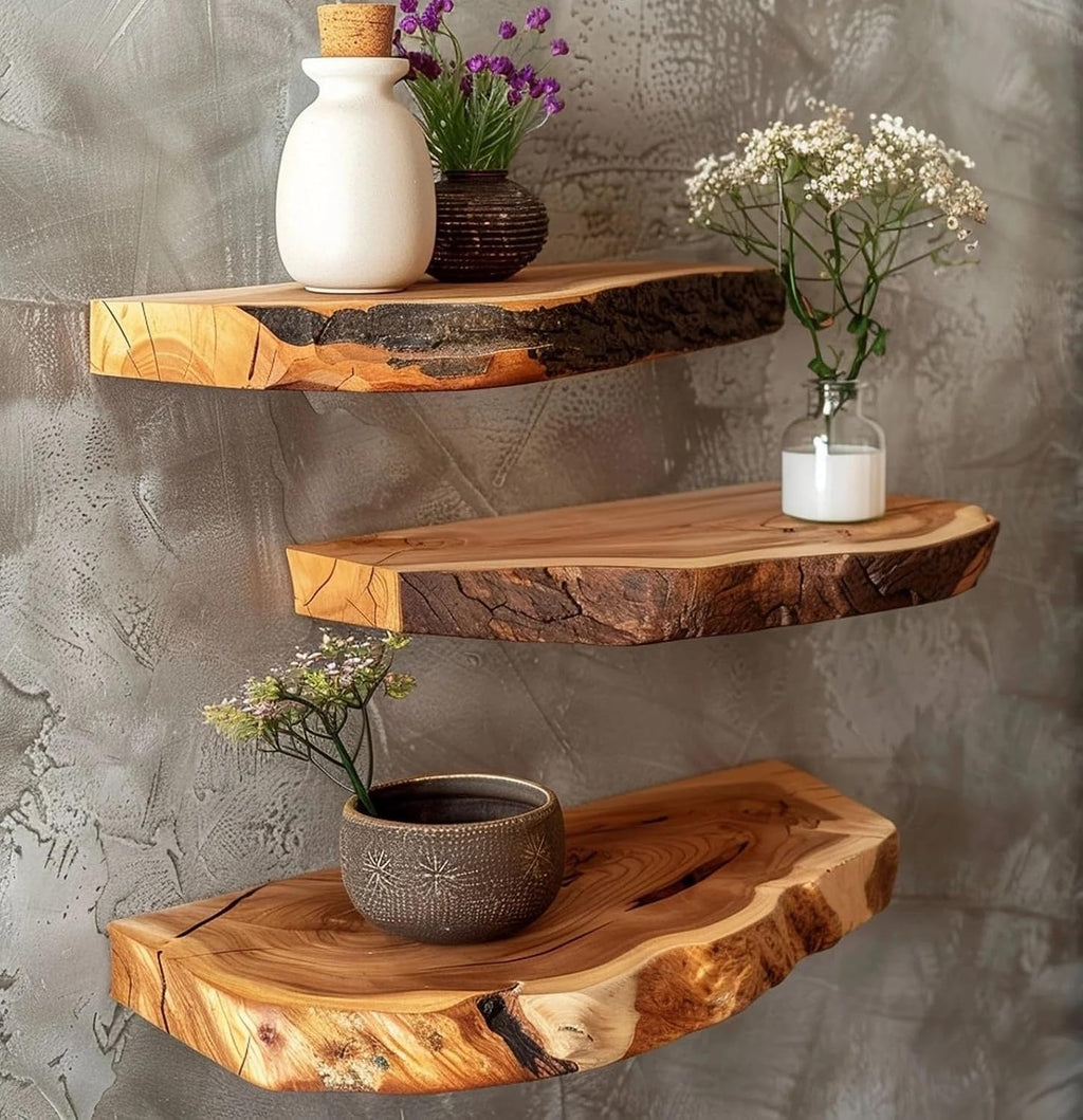 Rustic Live Edge Wall Mounted Floating Shelves, Natural Wood, Kitchen Bathroom Storage Display (24' W X 6' D X 1.5' (Inches))