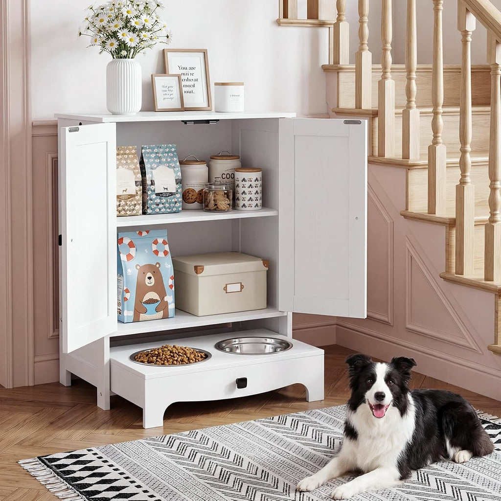 HOOBRO Dog Feeding Station with Feeding Bowls, Pet Organizer Cabinet with Storage and Hooks, Pet Feeding Station with Sliding Drawer and 2 Hidden Bowls for Dog & Cat, White WT12PO03G1