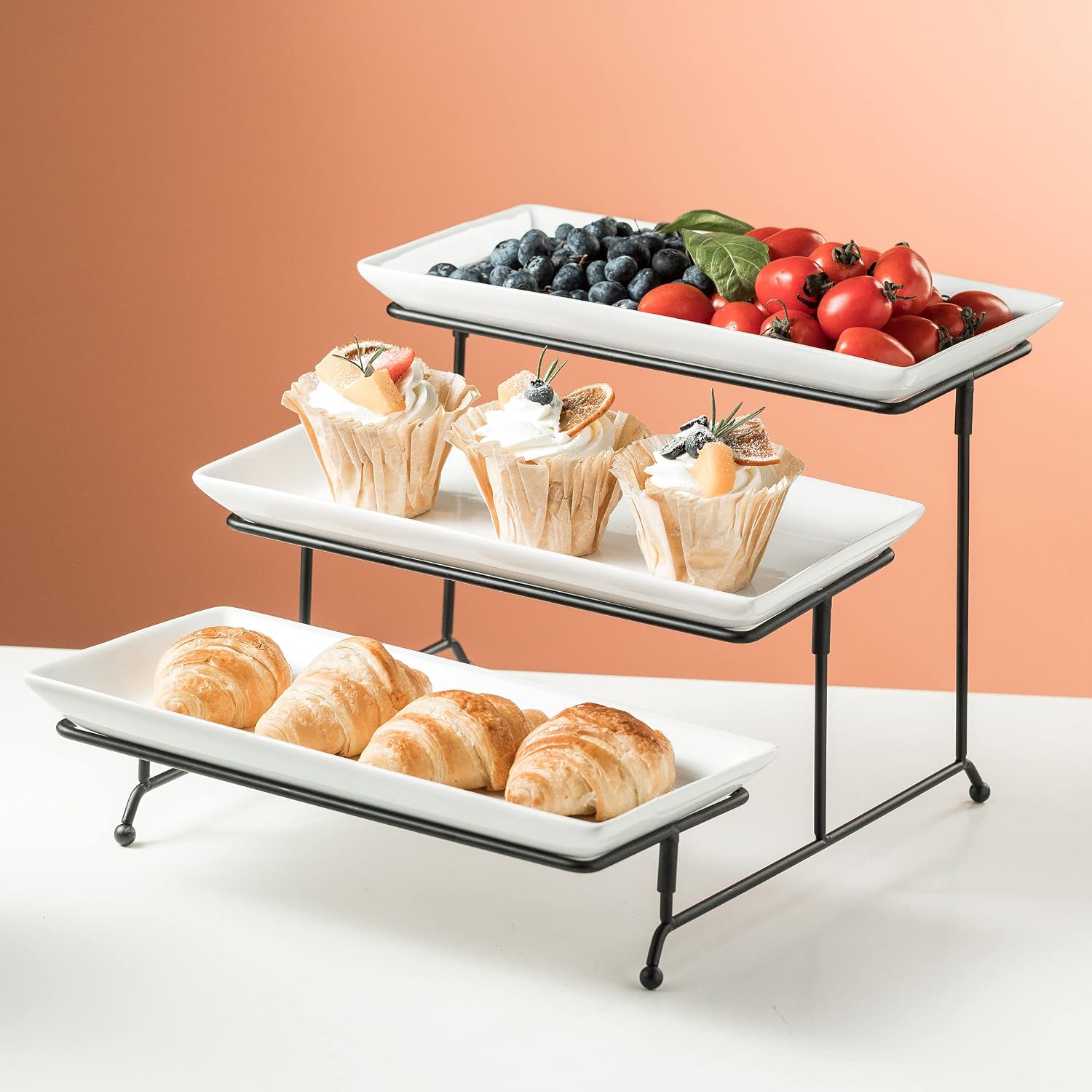 Gomakren 3 Tier Serving Trays Stand & Serving Bowls with Handles & Serving Platters Decorative Dish White 12 Inch