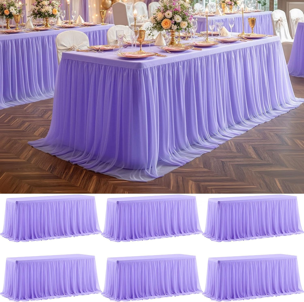 6 Pack Lavender Tulle Tablecloths with Skirt for 6 Foot Rectangle Tables Party Ruffle Tutu Tablecloth 6FT Stretch Fitted Table Cover for Wedding Reception Birthday Baby Shower Celebration Banquet