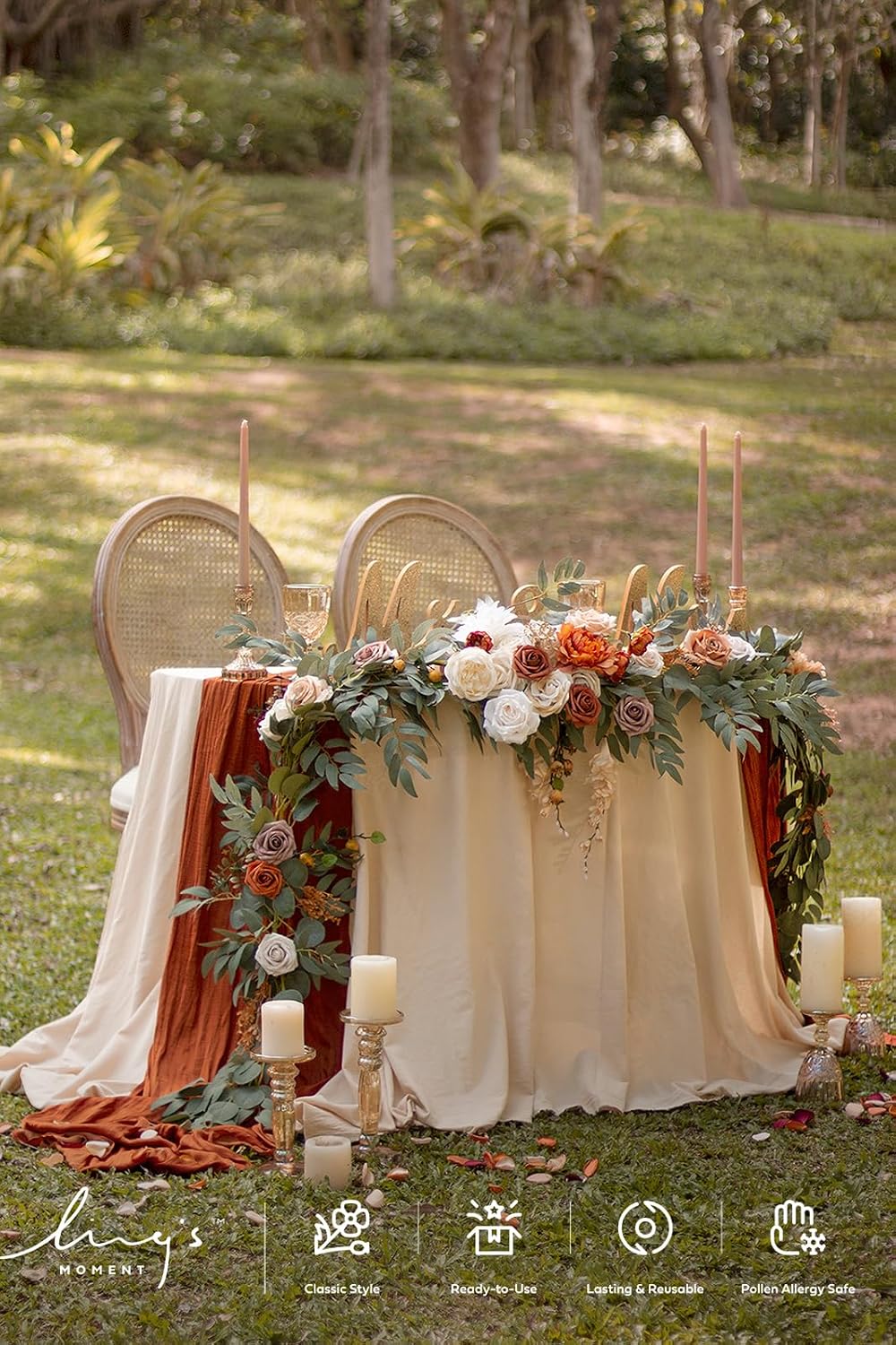 Ling's moment Fall 9FT Flower Garland for Backdrop Decorations - Wedding Arch Flowers, Eucalyptus & Rose, Artificial Floral Garland for Mantle - Sweetheart Table Decor for Ceremony, Terracotta