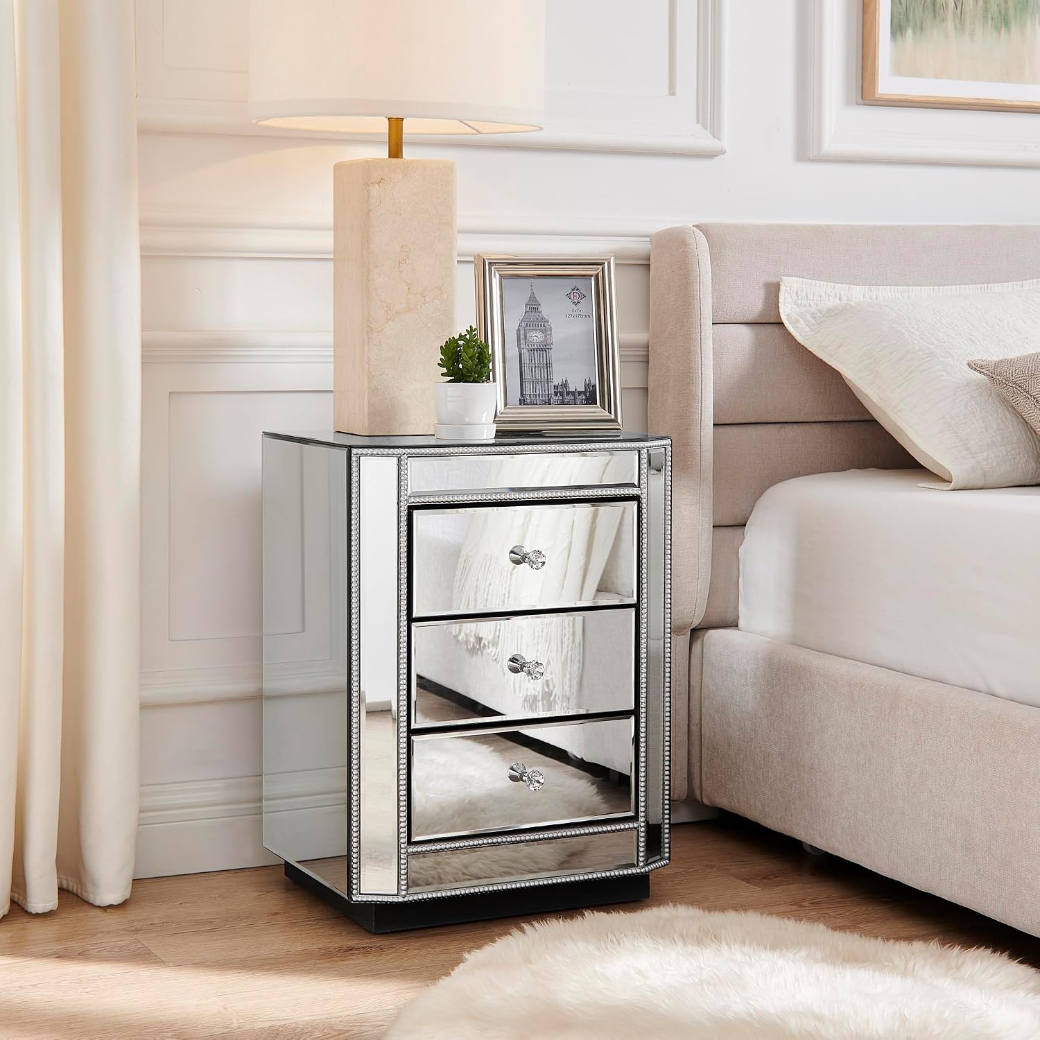 3-Drawer Mirrored Nightstand Bedside Table, Modern Mirrored End Side Table for Living Room, Bedroom, Entryway