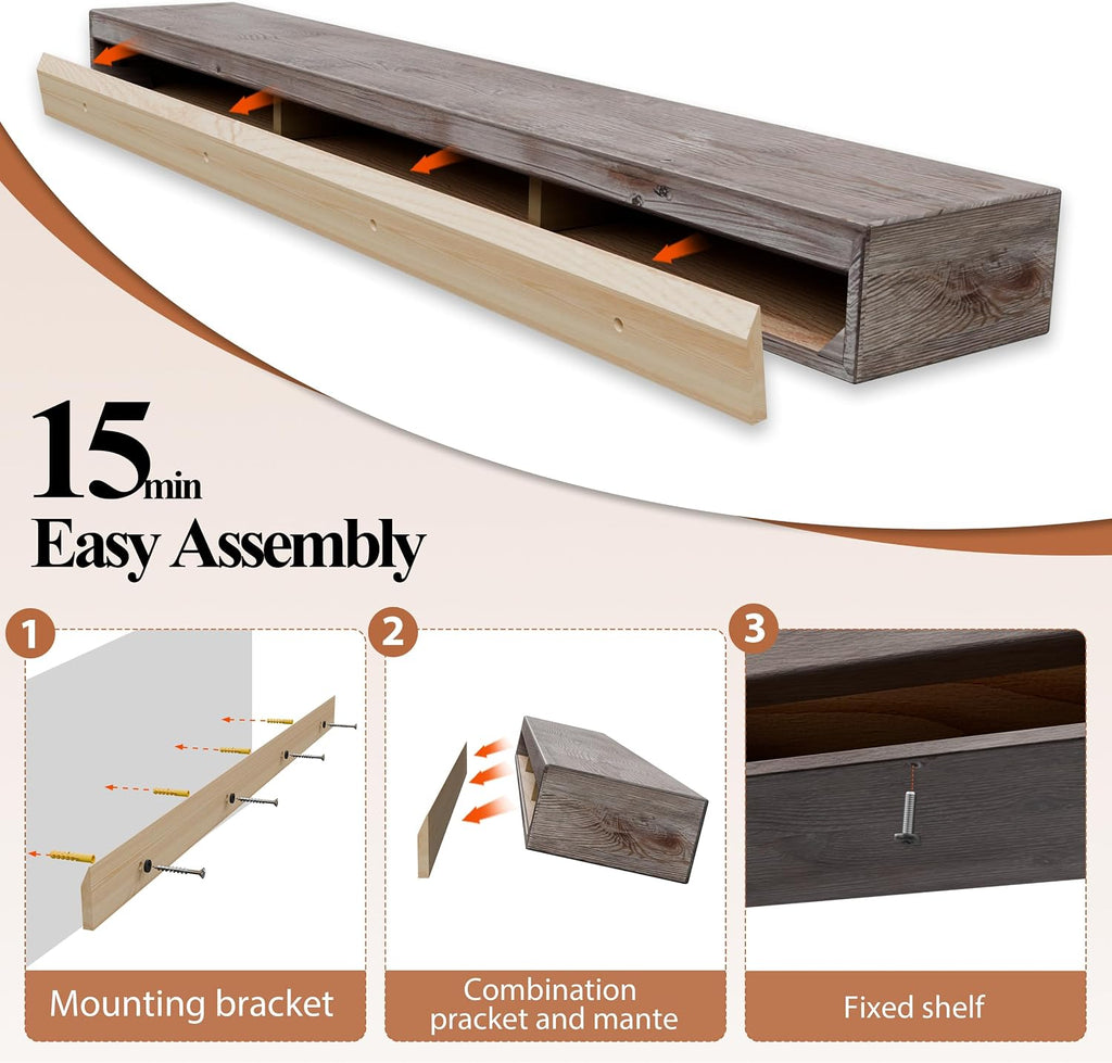 60 Inch Fireplace Mantel Shelf - 8' Deep Solid Wood Floating Mantel for Over Fireplace - 90LBS with Invisible Bracket - Handcrafted TV Decor for Livingroom & Bedroom - Charred Rustic Gray