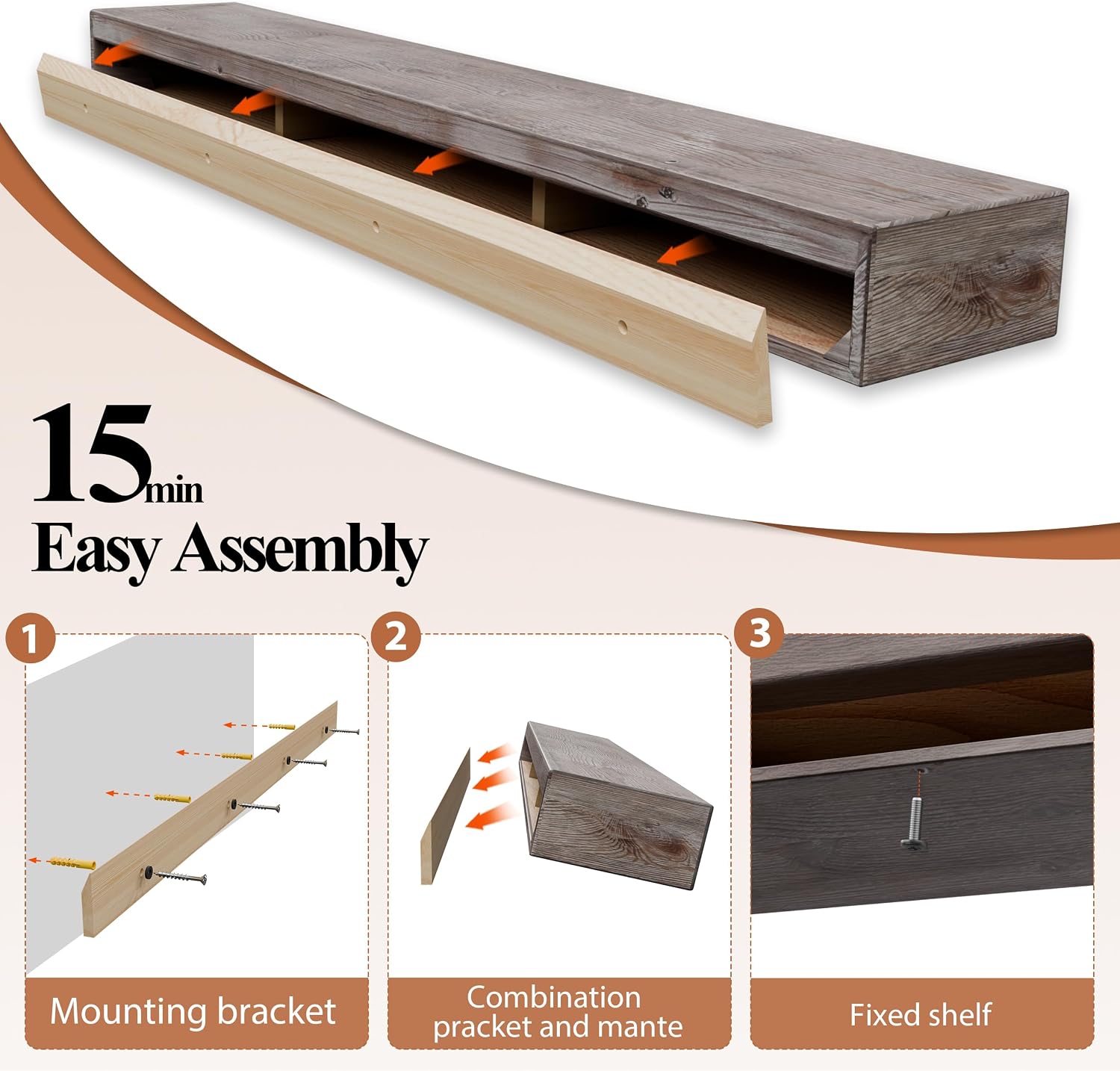 60 Inch Fireplace Mantel Shelf - 8' Deep Solid Wood Floating Mantel for Over Fireplace - 90LBS with Invisible Bracket - Handcrafted TV Decor for Livingroom & Bedroom - Charred Rustic Gray