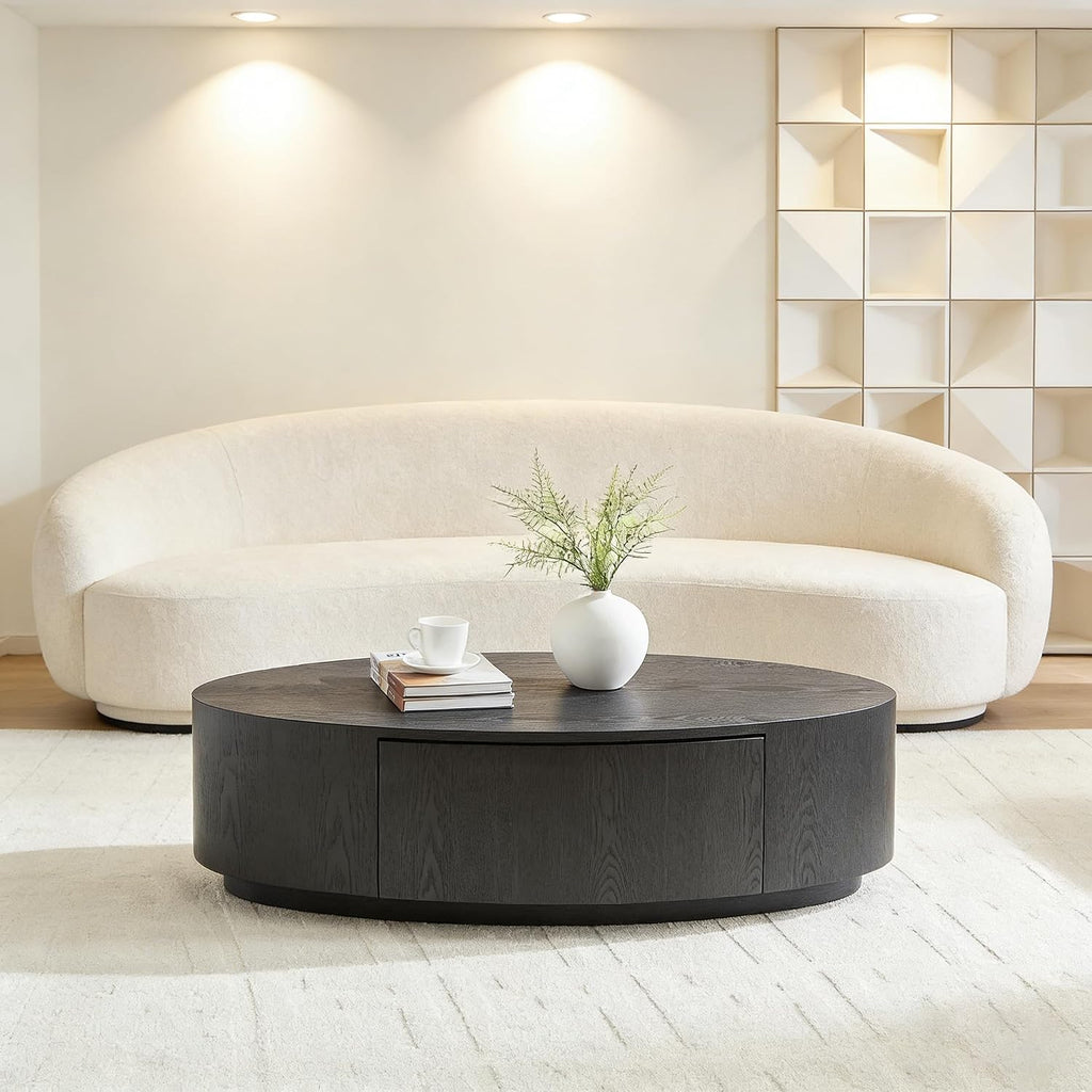 Wooden Oval Coffee Table with Storage Drawer, 47.24' Mid Century Modern Coffee Table, Unique Center Table Accent Sofa Side End Tea Table for Living Room Apartment, Black