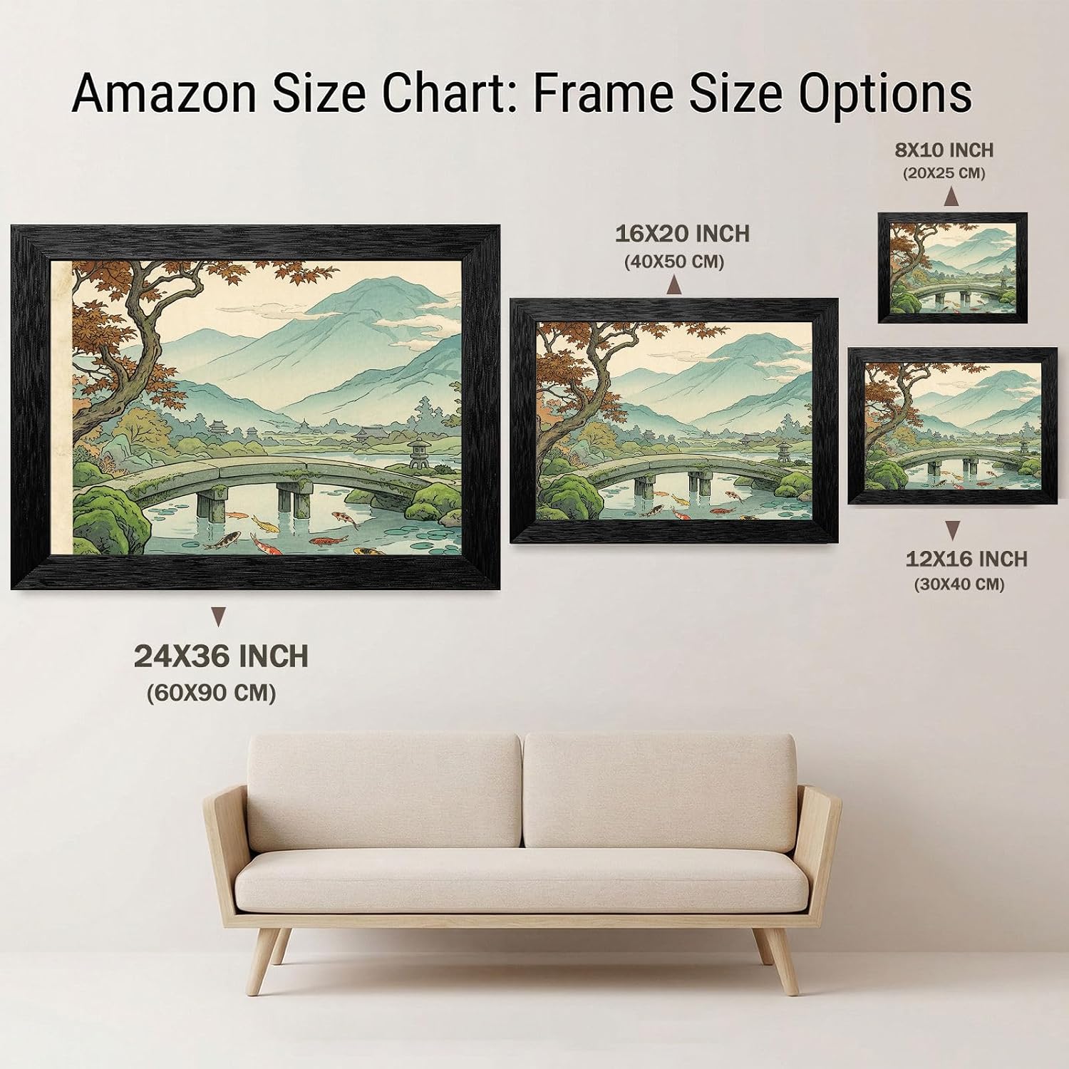 Framed Wall Art - Black Frame Serene Japanese Garden Style Print - Peaceful Stone Bridge and Koi Pond Landscape - Ready to Hang Modern Home Decor - 24x36 Inch