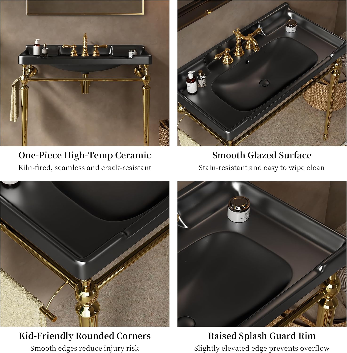 Yayzy 36' Bathroom Vanity with Black Ceramic Sink, Wall-Mounted Console Style, Gold-Finish Stainless Steel Legs & Towel Bar, 3 Faucet Holes, No Faucet