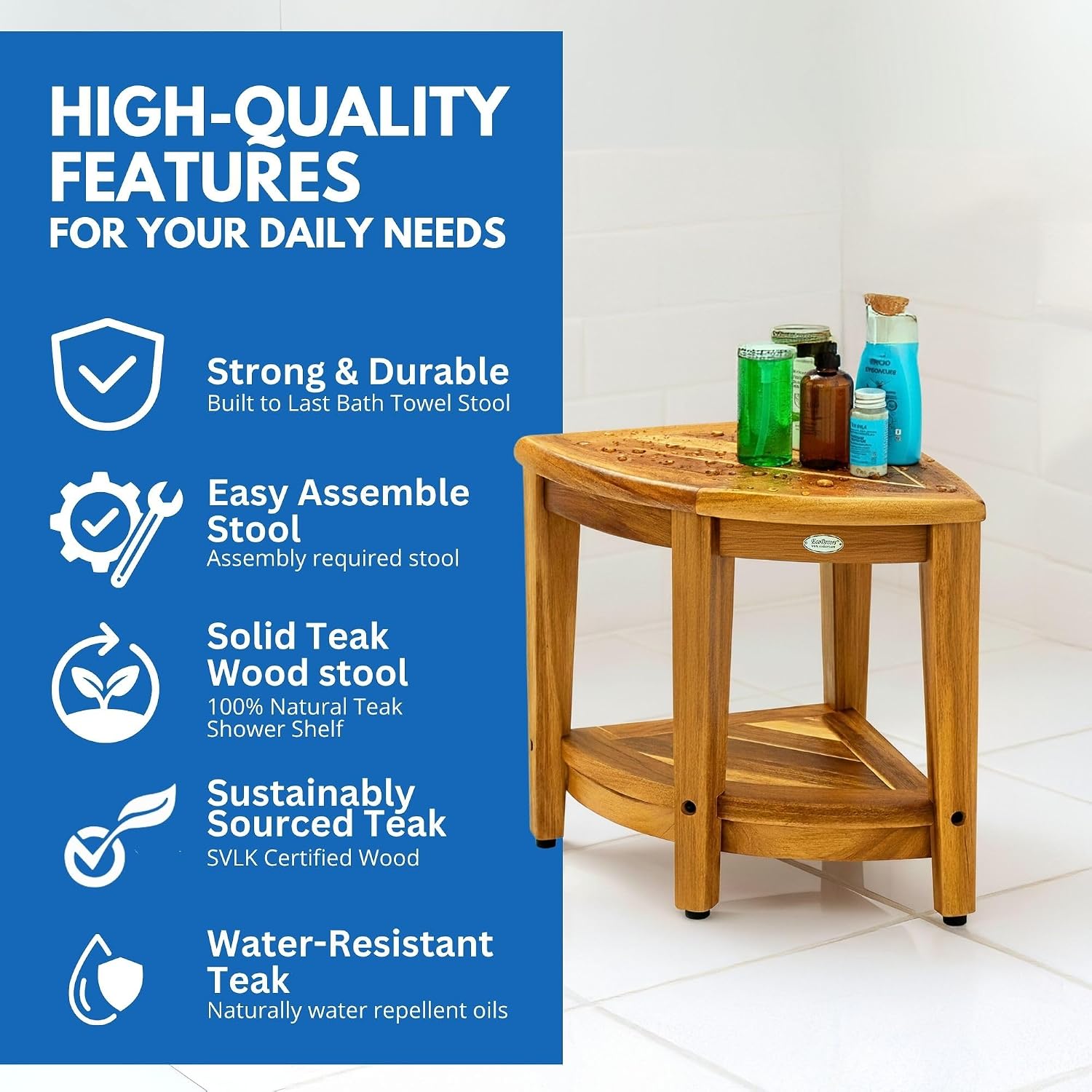 EcoDecors Corner Teak Shower Bench with Shelf – 16' x 18' Height- Teak Shower Stool with Shelf, Waterproof, 350lb Capacity Non-Slip | for Inside Shower | Tool-Free Assembly | Aging in Place
