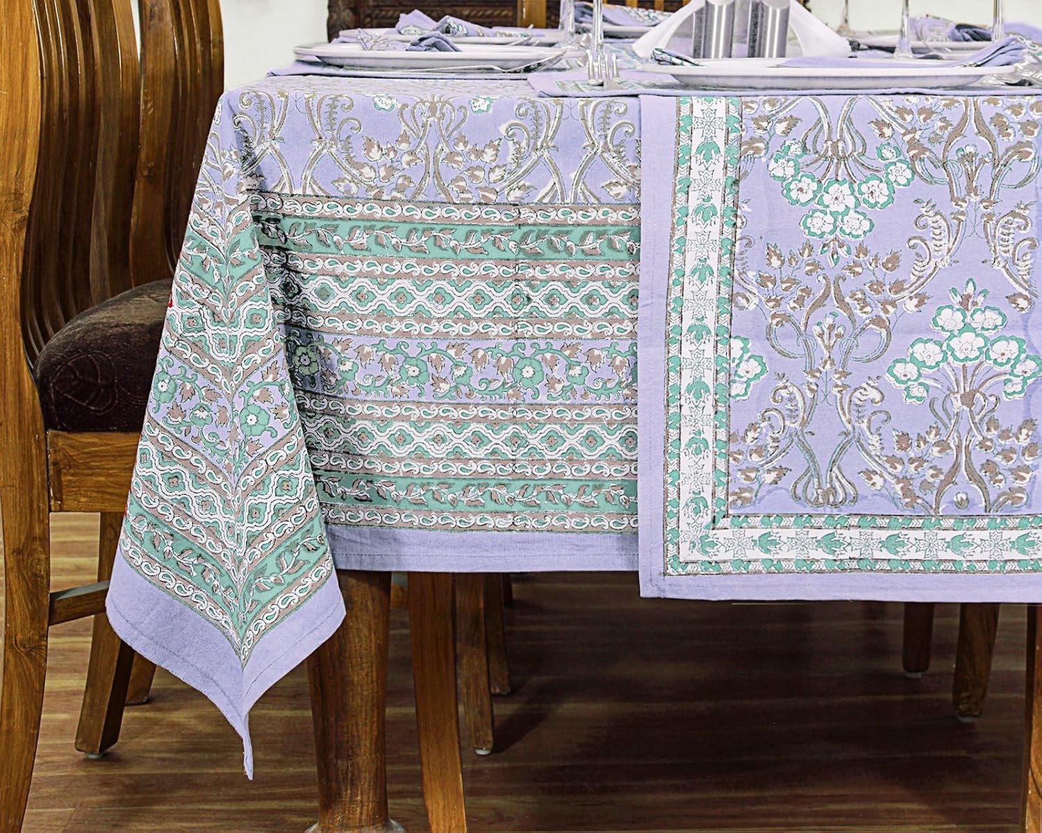 72x190 Inches Rectangle Hand Block Printed Cotton Tablecloth, Lavender Green Floral Table Cloths Washable, Indian Table Linen for Christmas Thanksgiving Gifts Home Decor Dining Outdoor