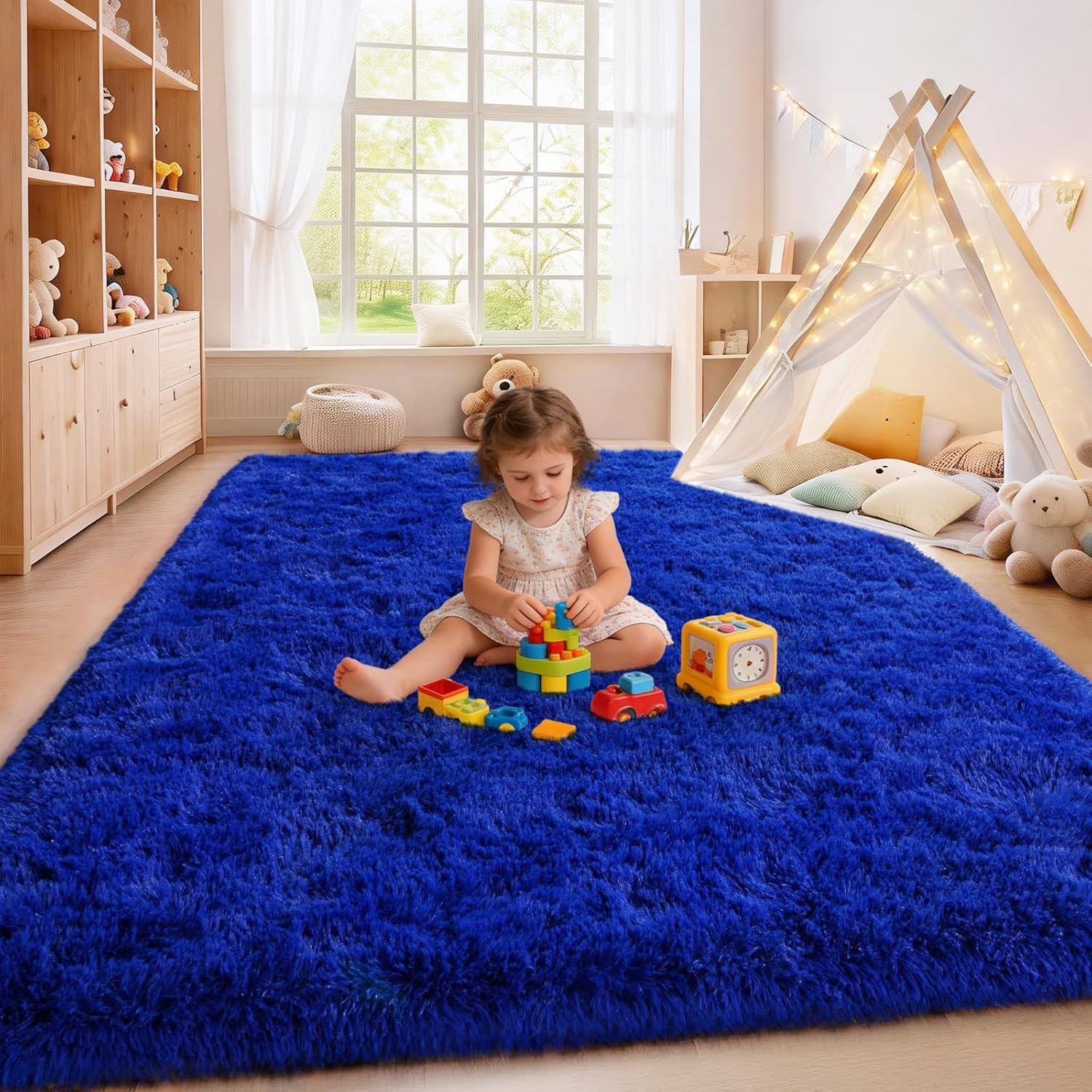 Extra Large 10x14ft Fuzzy Rug Blue Fluffy Rug for Living Room, Big Plush Non-Skid Shag Carpet, Soft Shaggy Rugs for Bedroom Indoor Modern Home Decor